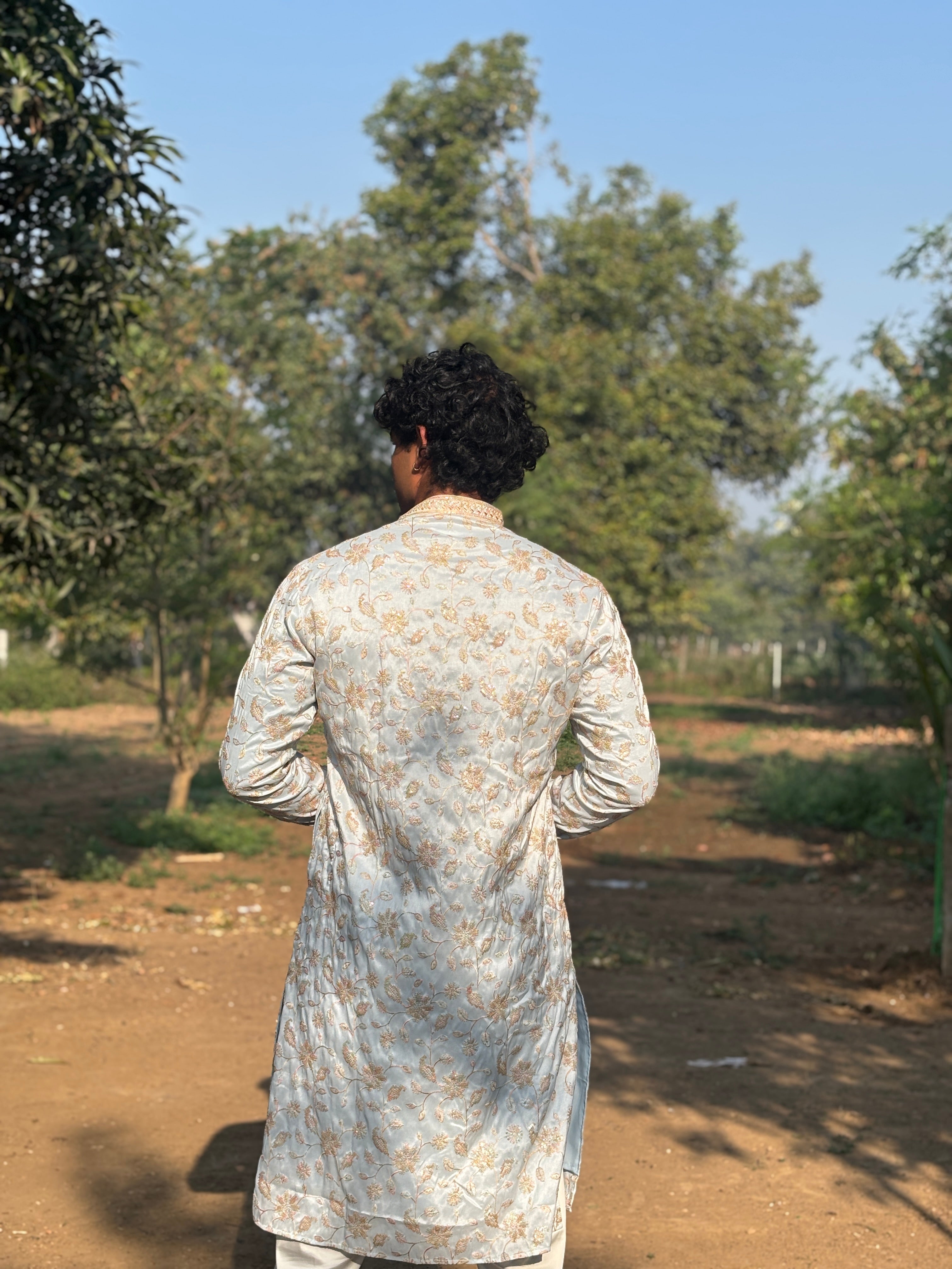 Sky Blue Mirror Work with Embroidery Kurta Trouser Set