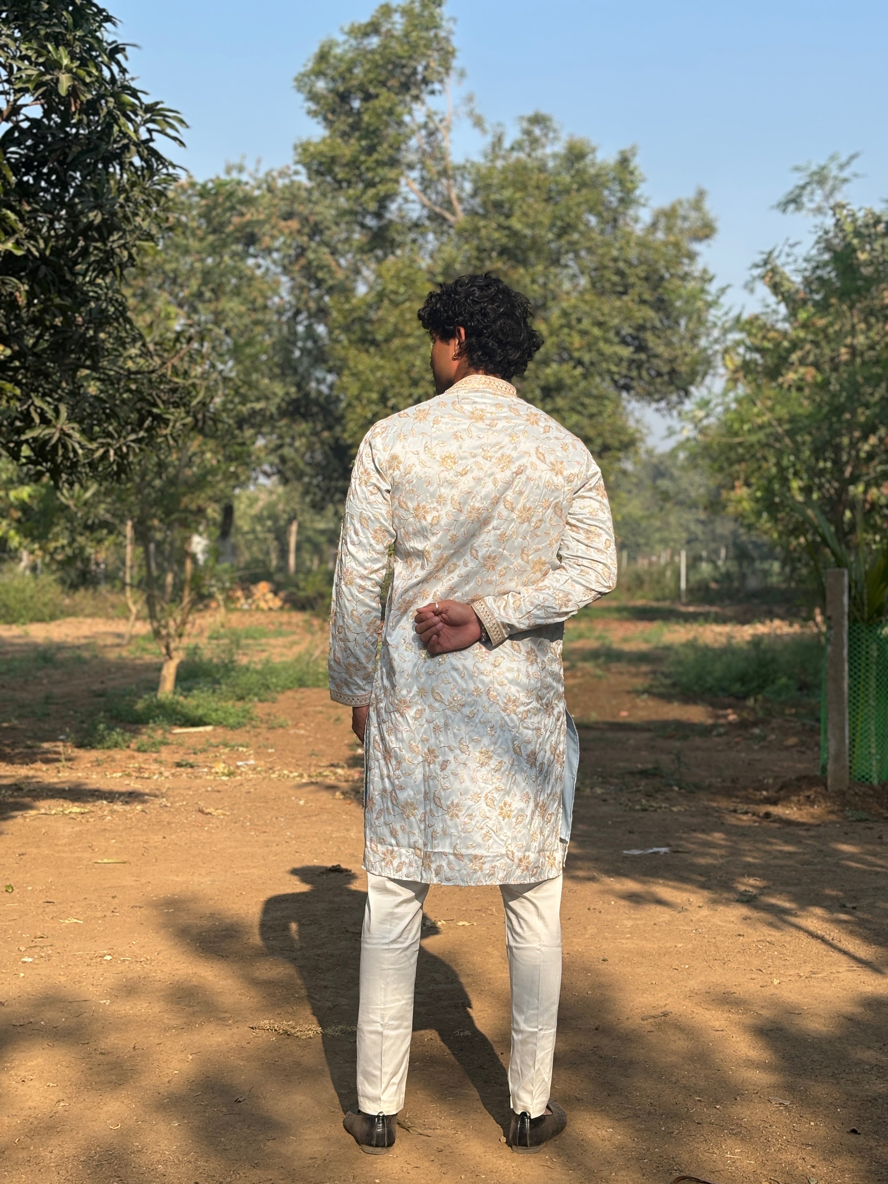 Sky Blue Mirror Work with Embroidery Kurta Trouser Set