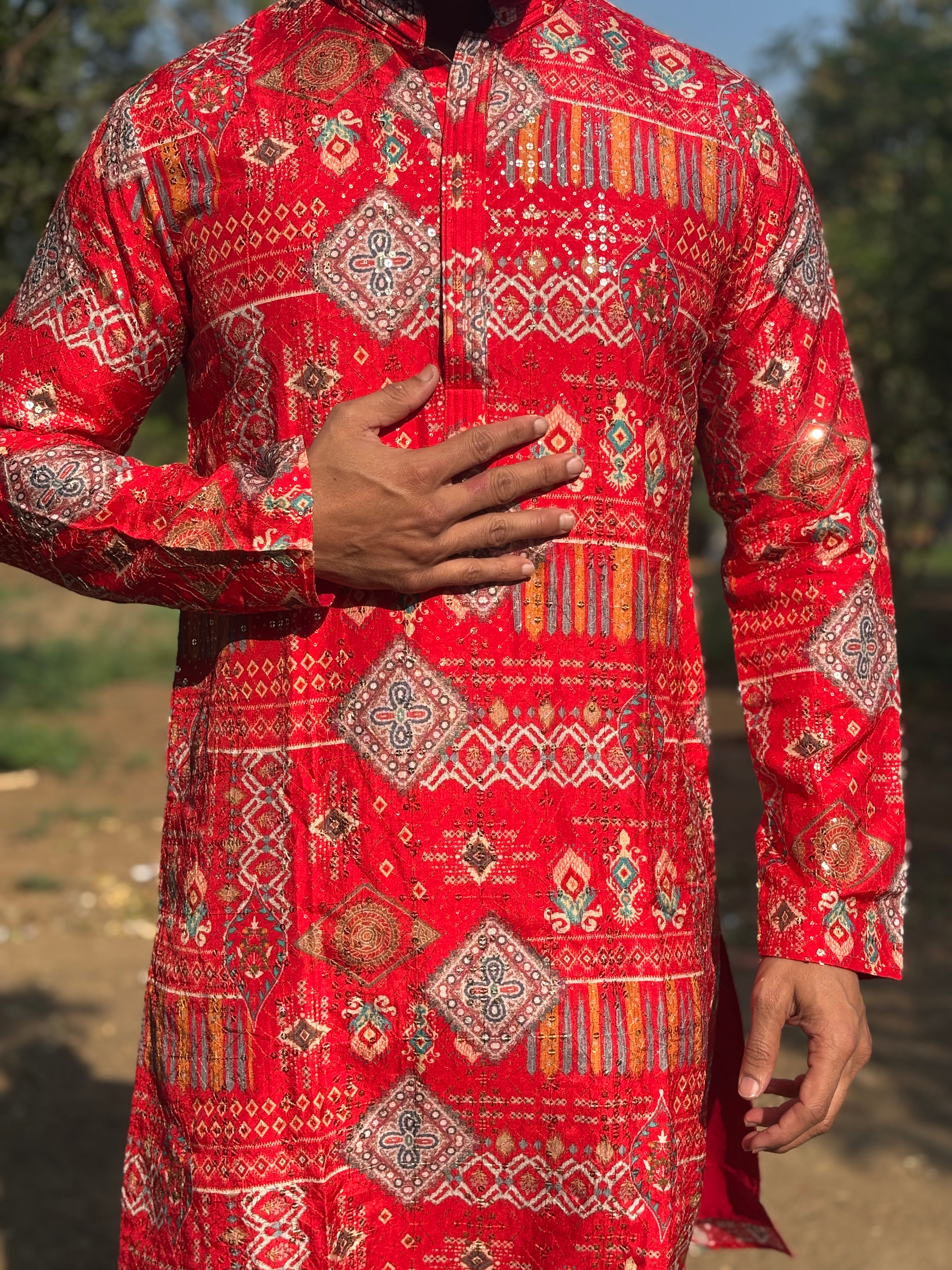 Red Lucknowi Print Kurta Set
