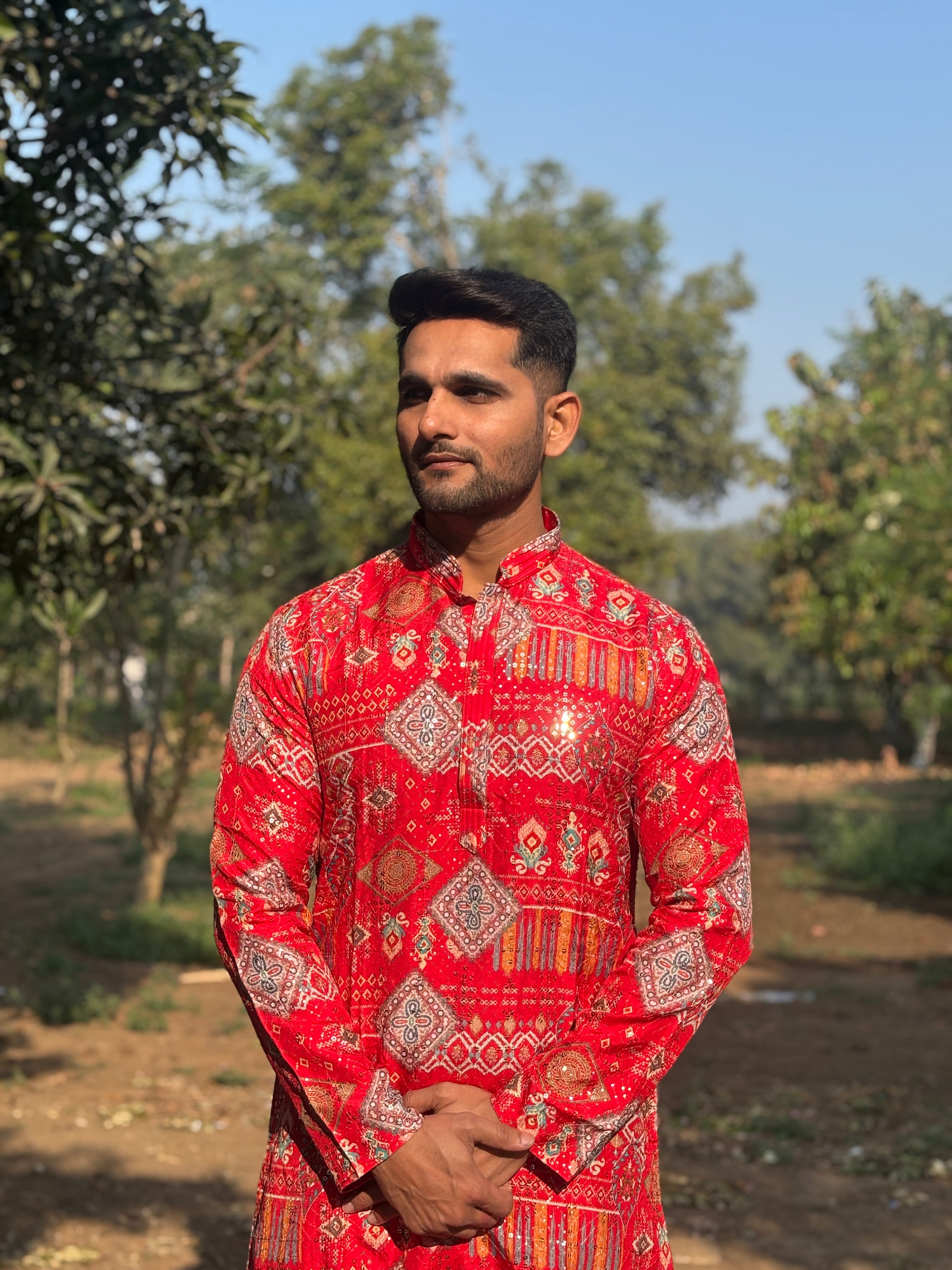 Red Lucknowi Print Kurta Set