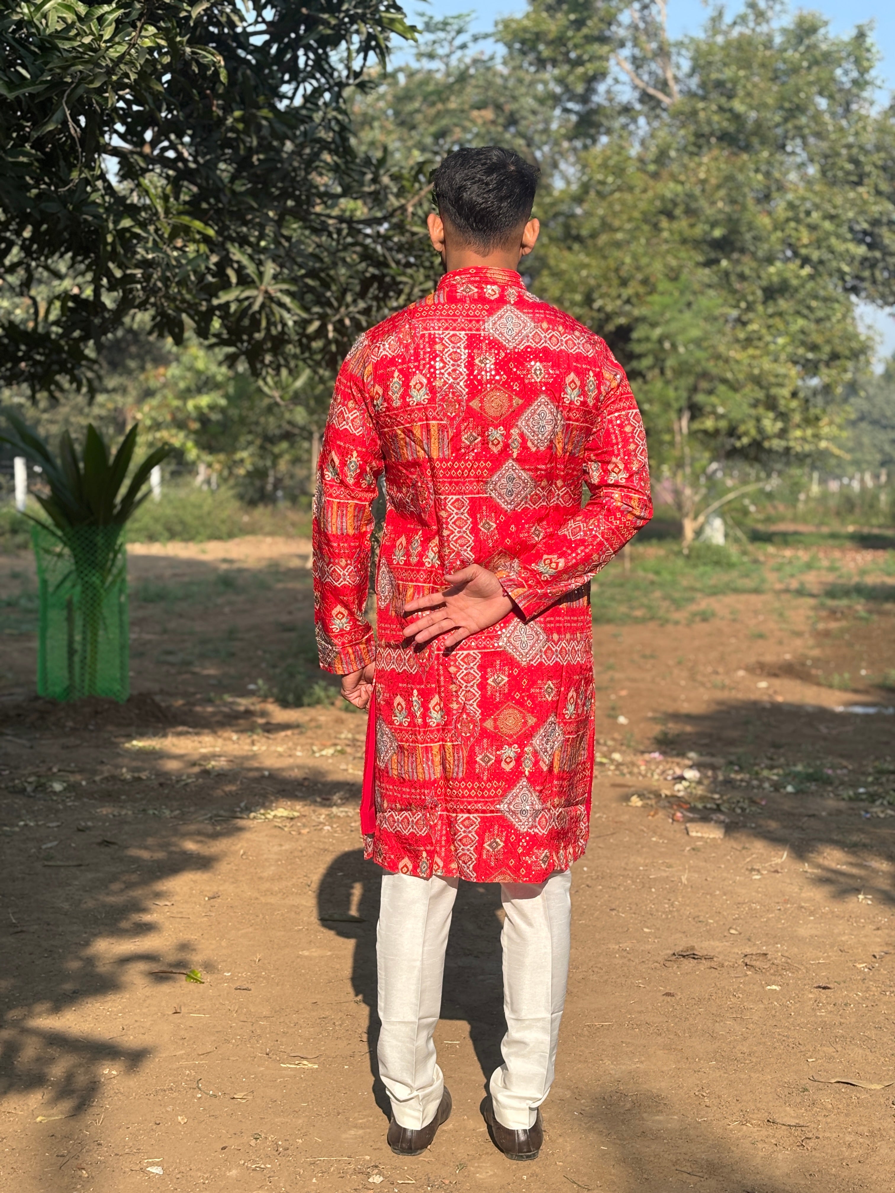Red Lucknowi Print Kurta Set