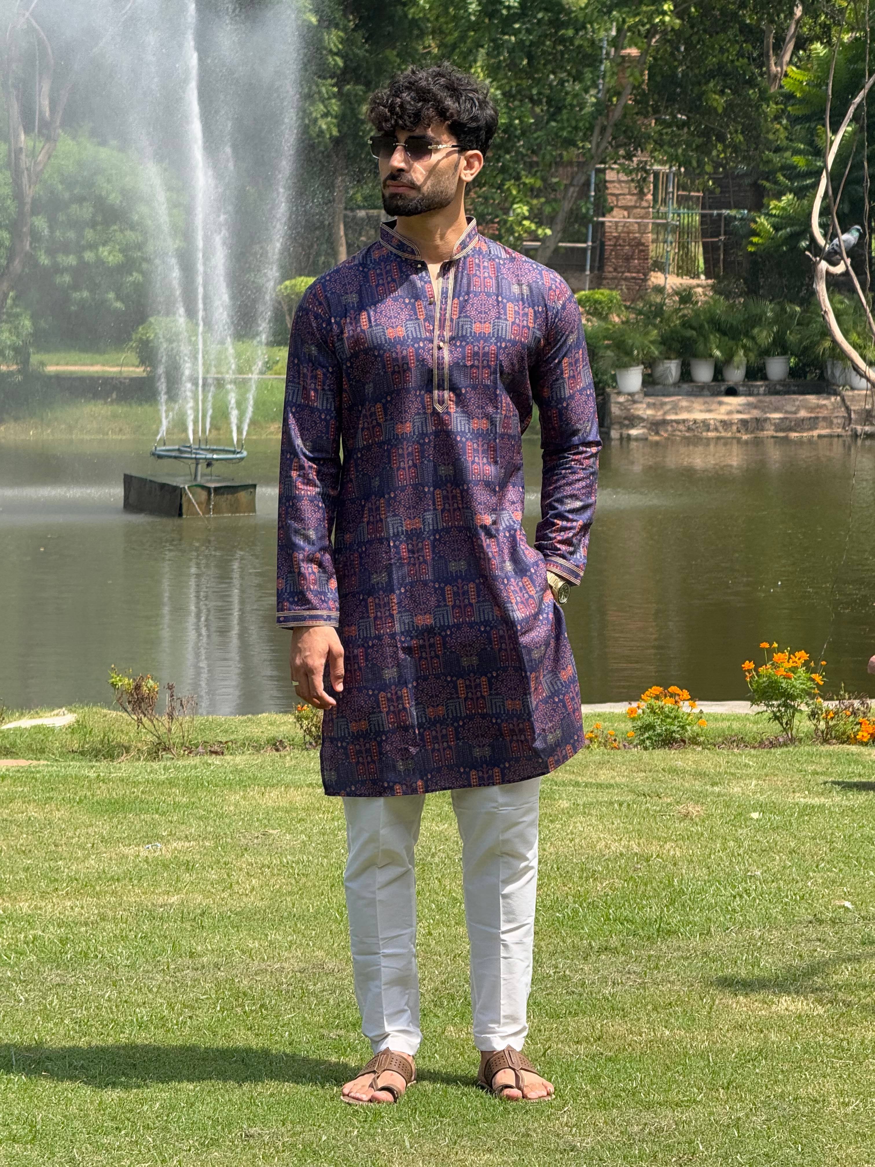 Men Blue Printed Pintex Kurta Trouser Set