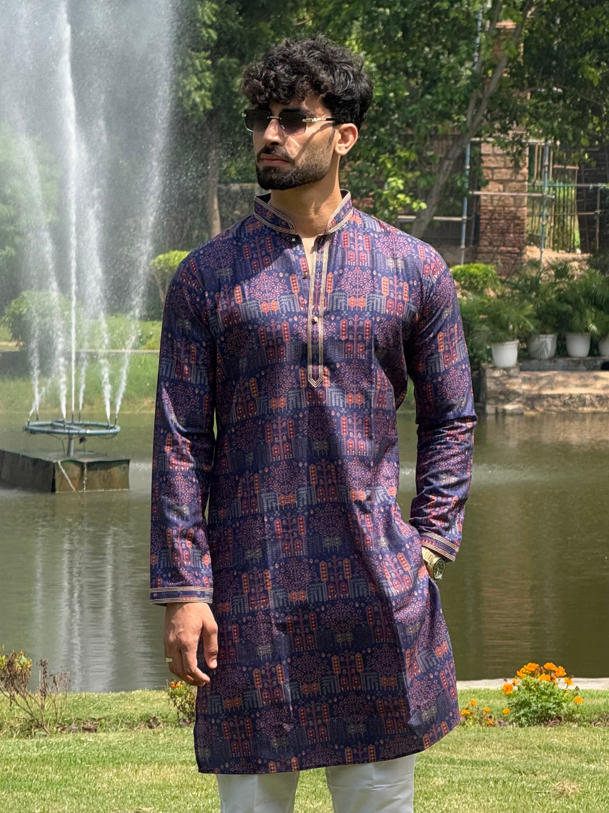 Men Blue Printed Pintex Kurta Trouser Set
