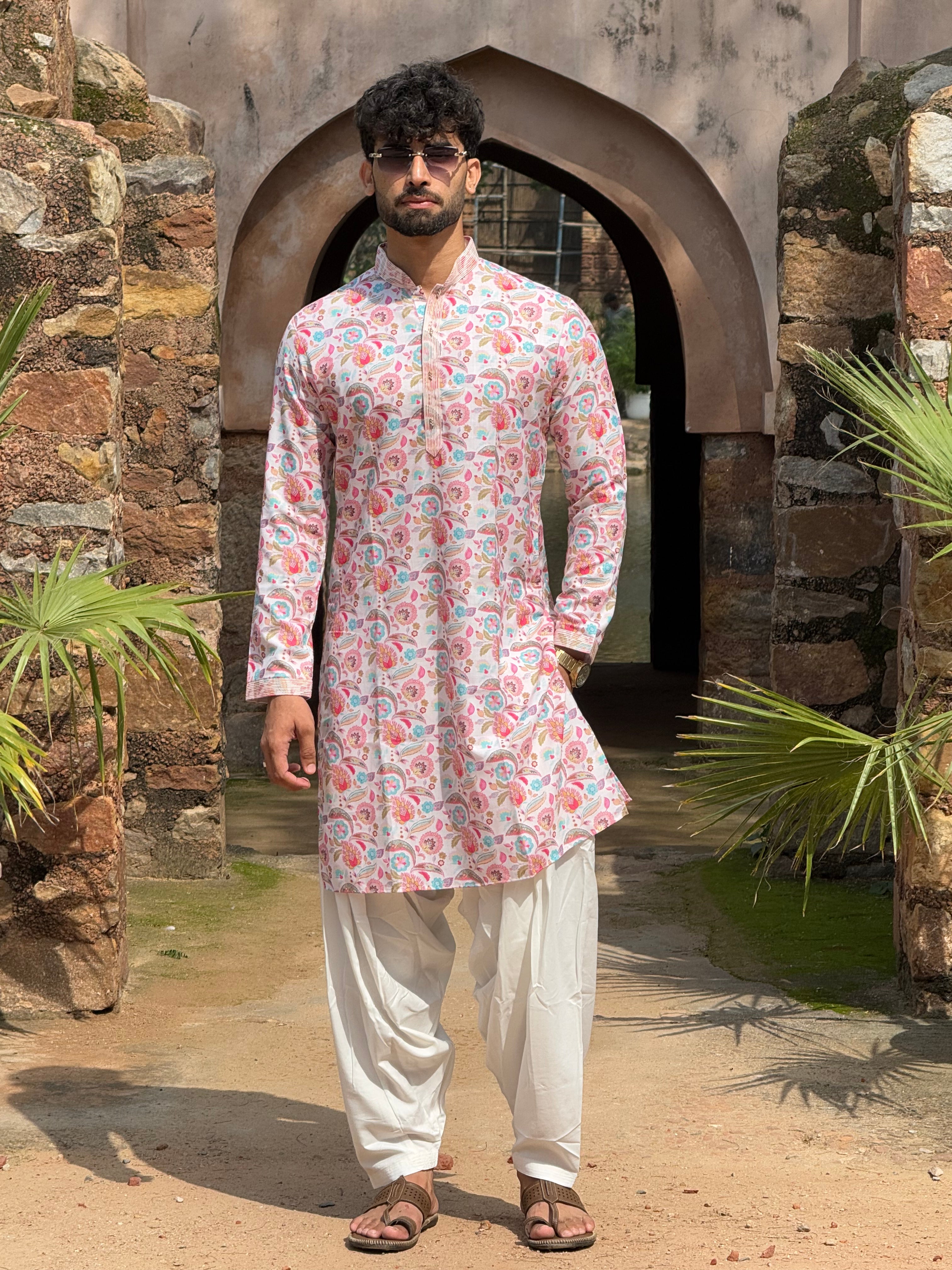 Men Off White Floral Pintex Kurta Patiala Set
