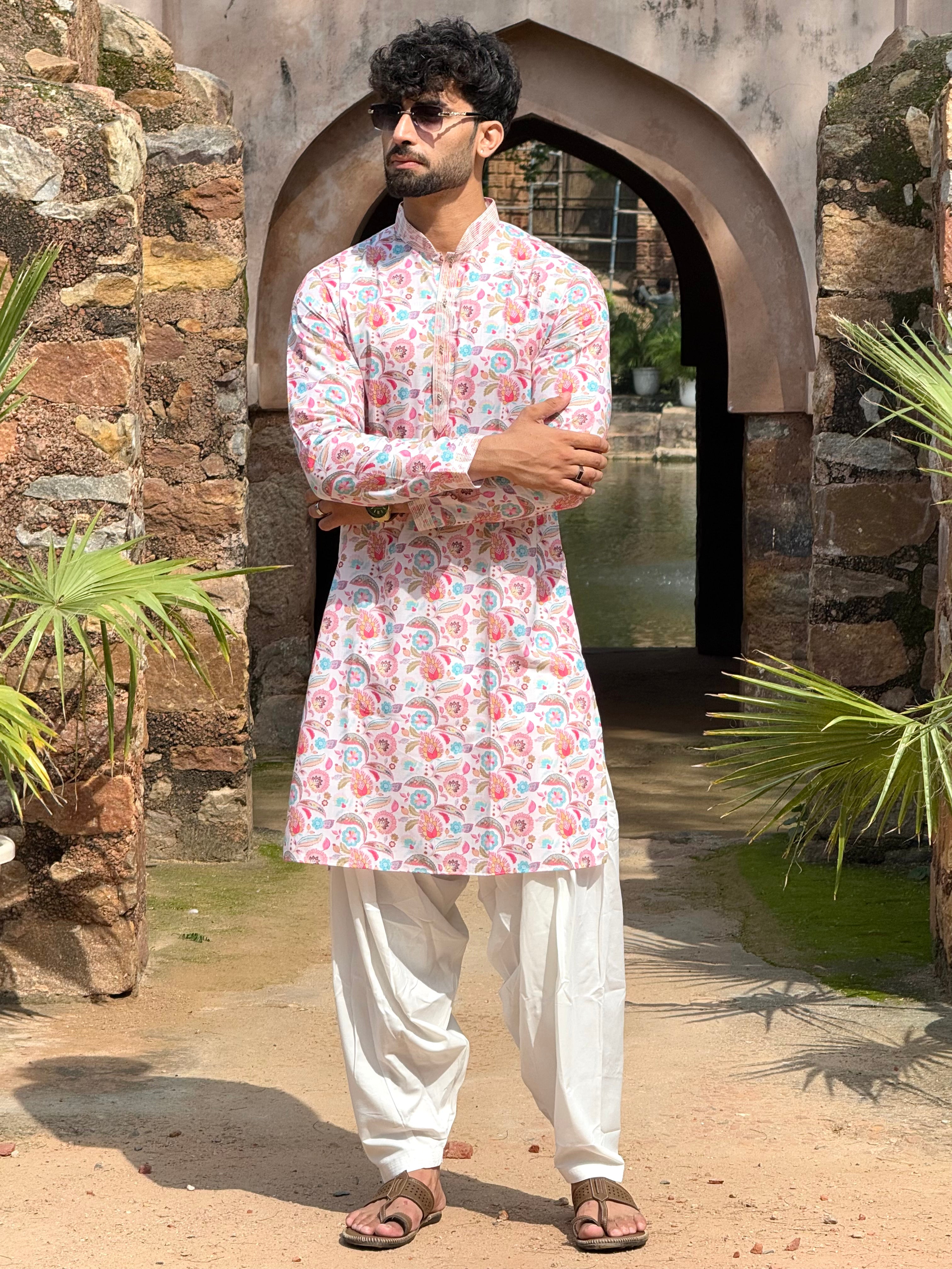 Men Off White Floral Pintex Kurta Patiala Set
