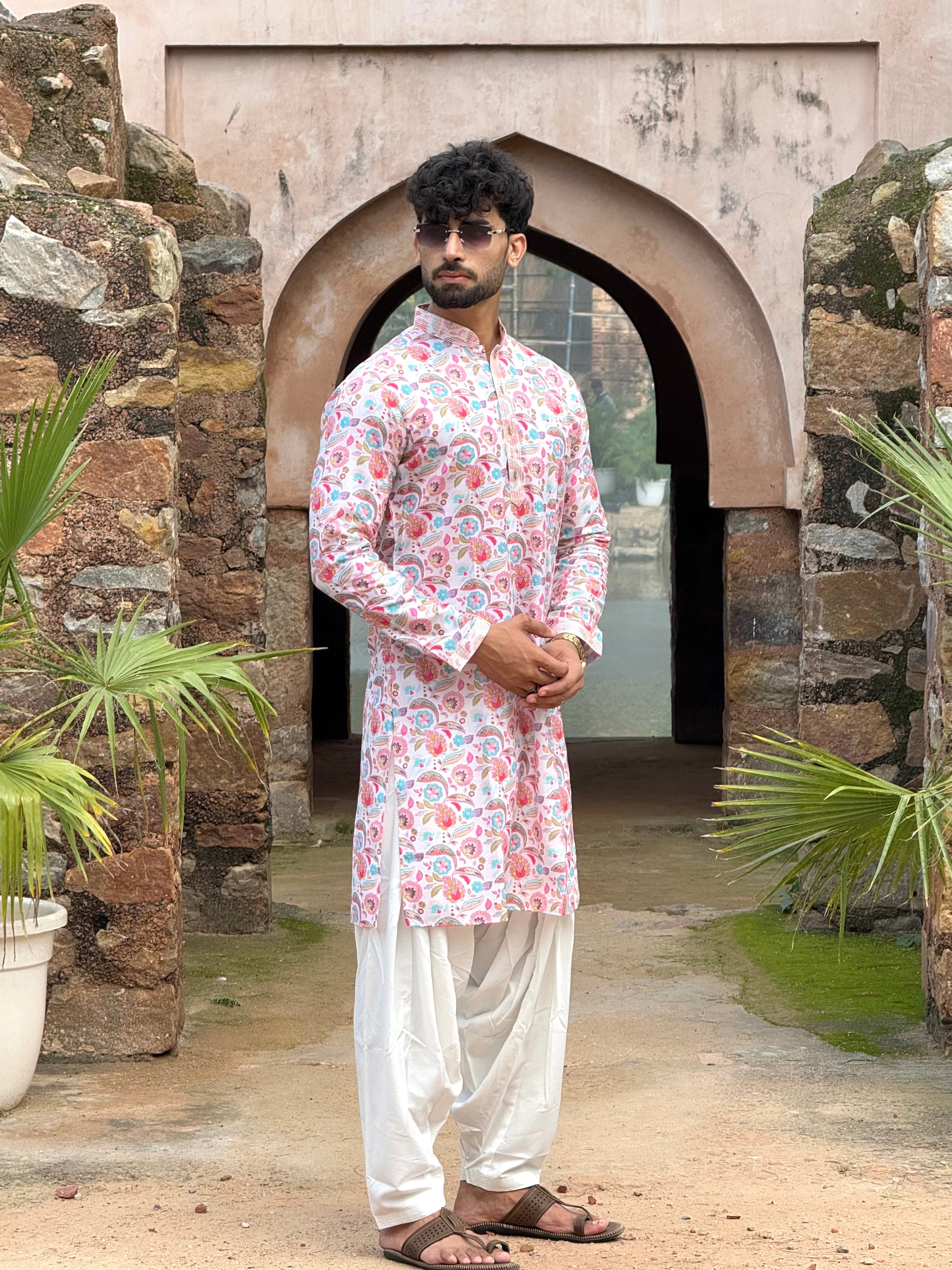Men Off White Floral Pintex Kurta Only