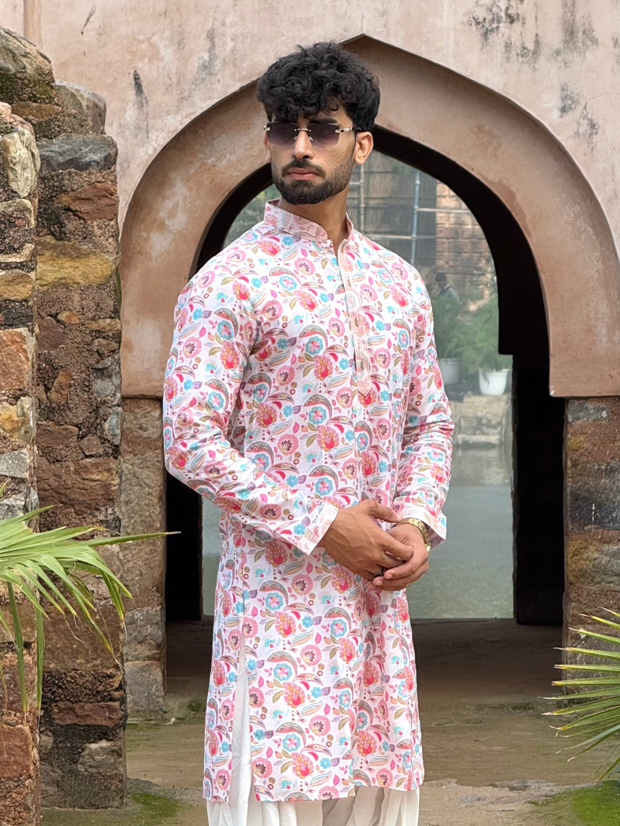 Men Off White Floral Pintex Kurta Only