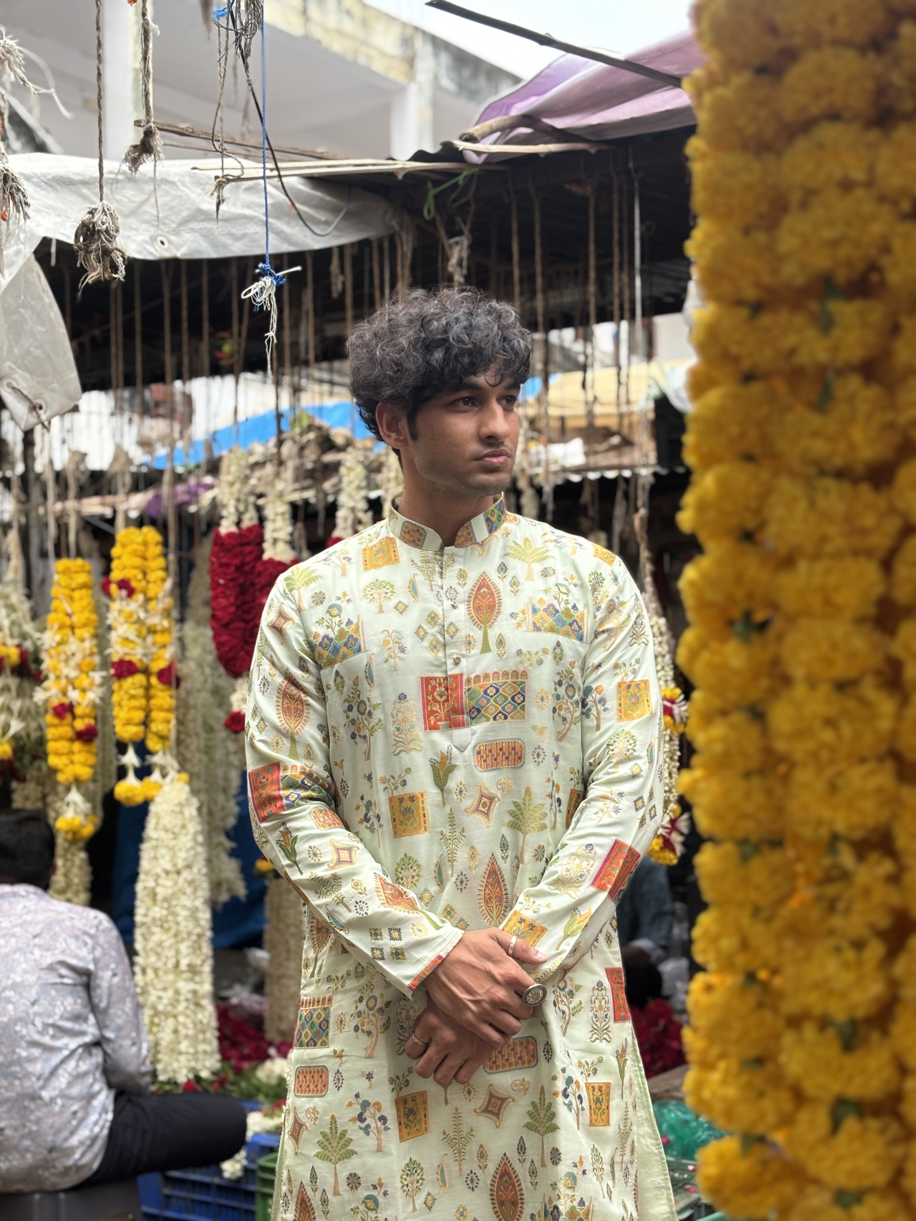 Cream Brocket Silk Kurta Set