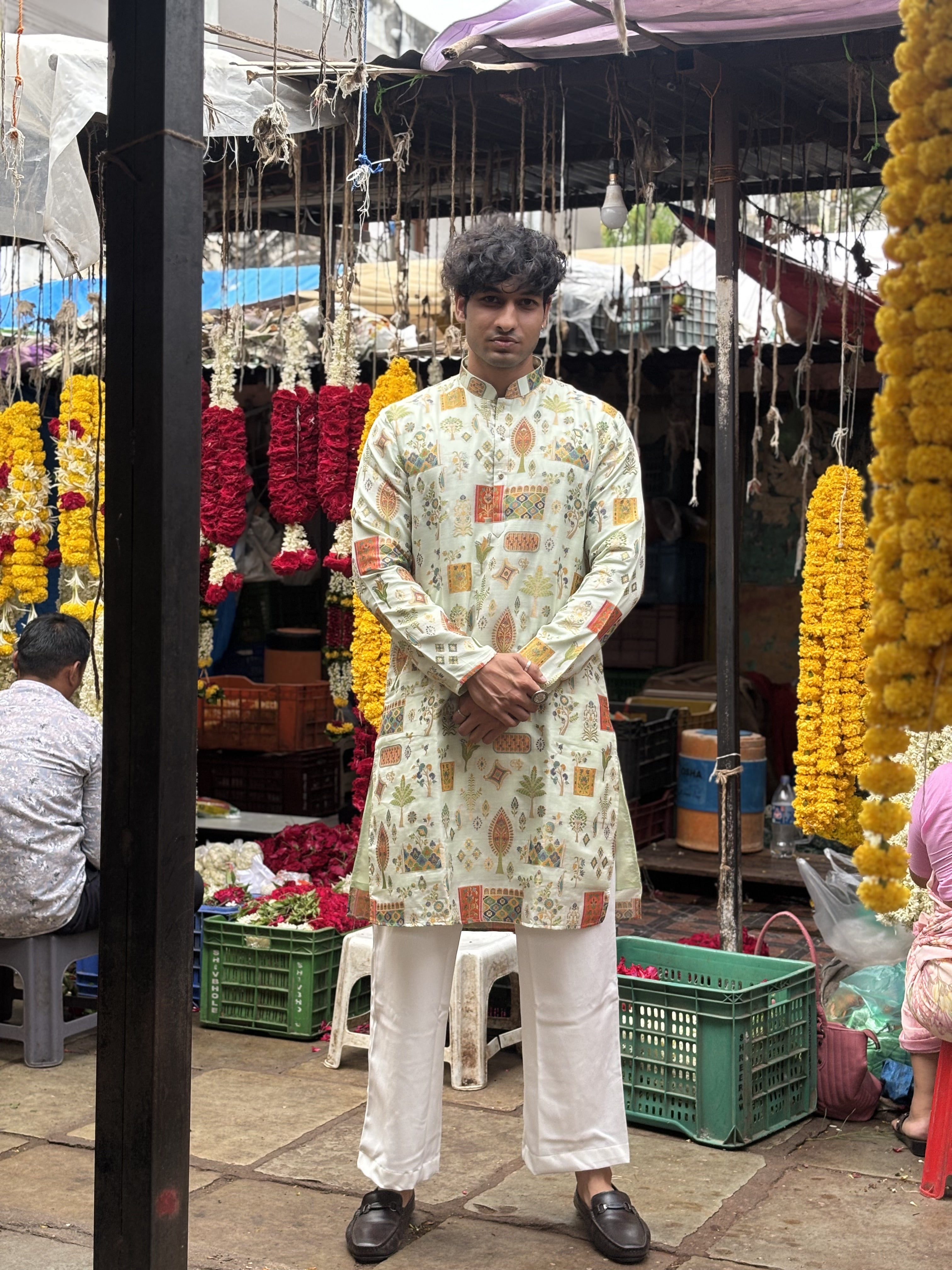 Cream Brocket Silk Kurta Set