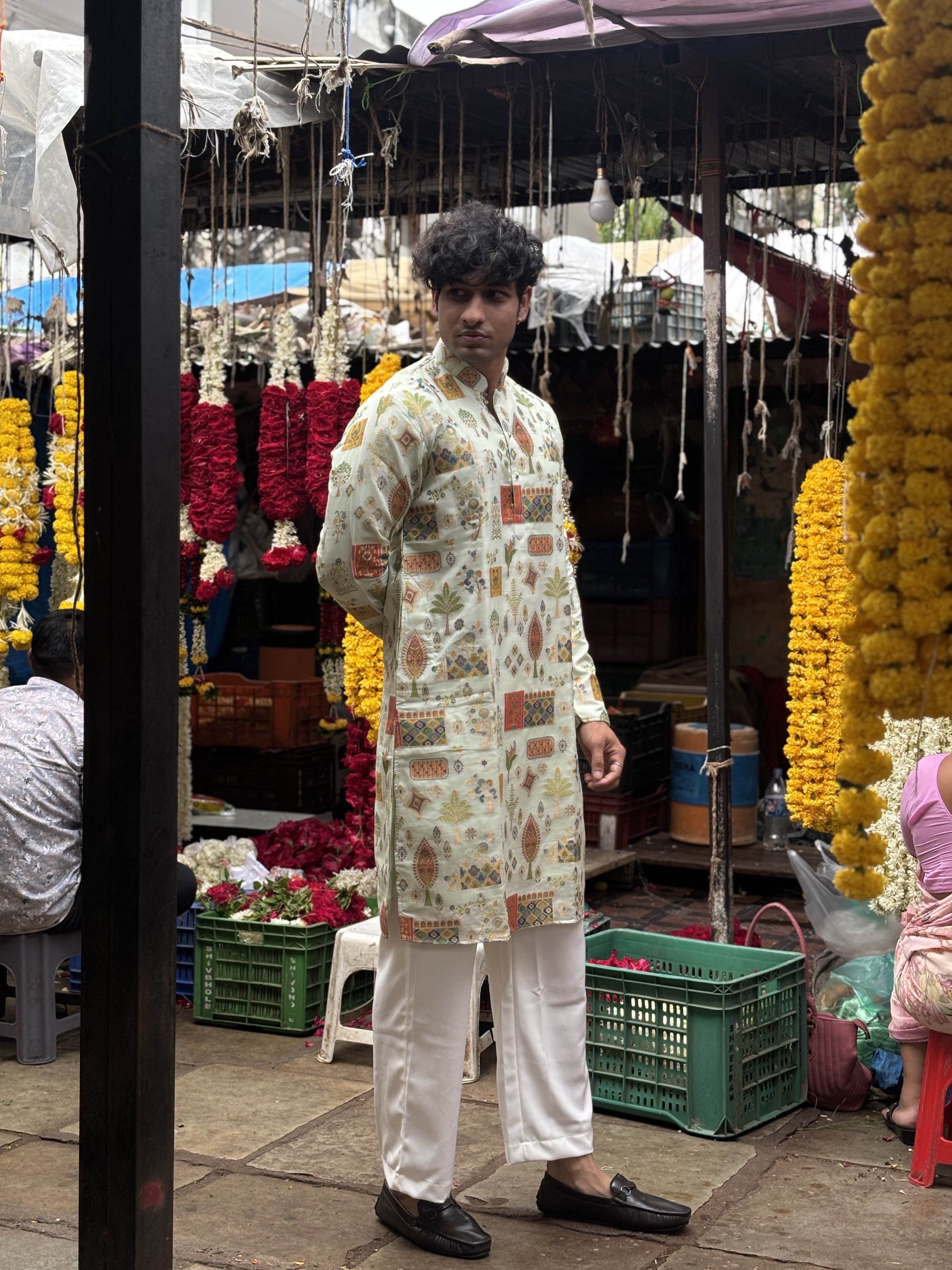 Cream Brocket Silk Kurta Set