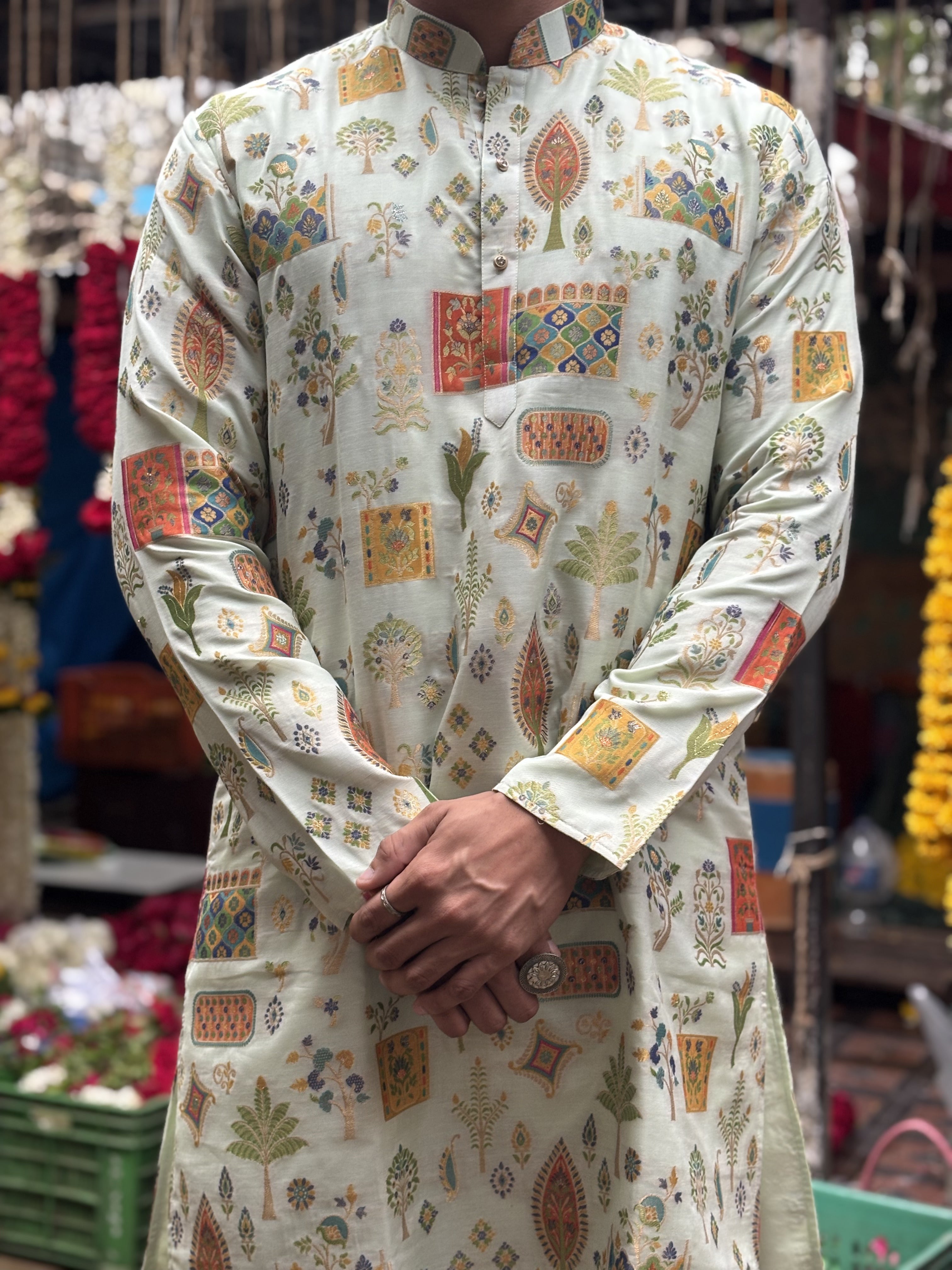 Cream Brocket Silk Kurta Set