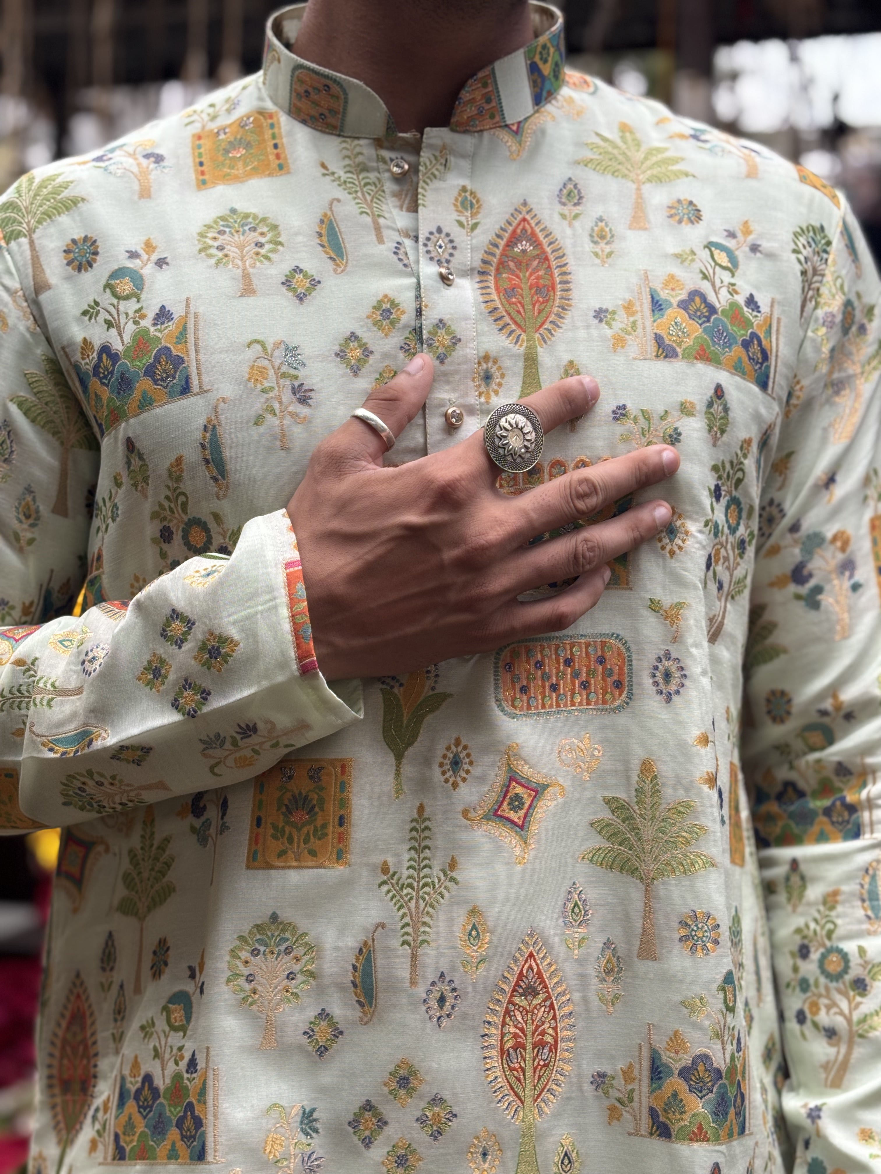 Cream Brocket Silk Kurta Set