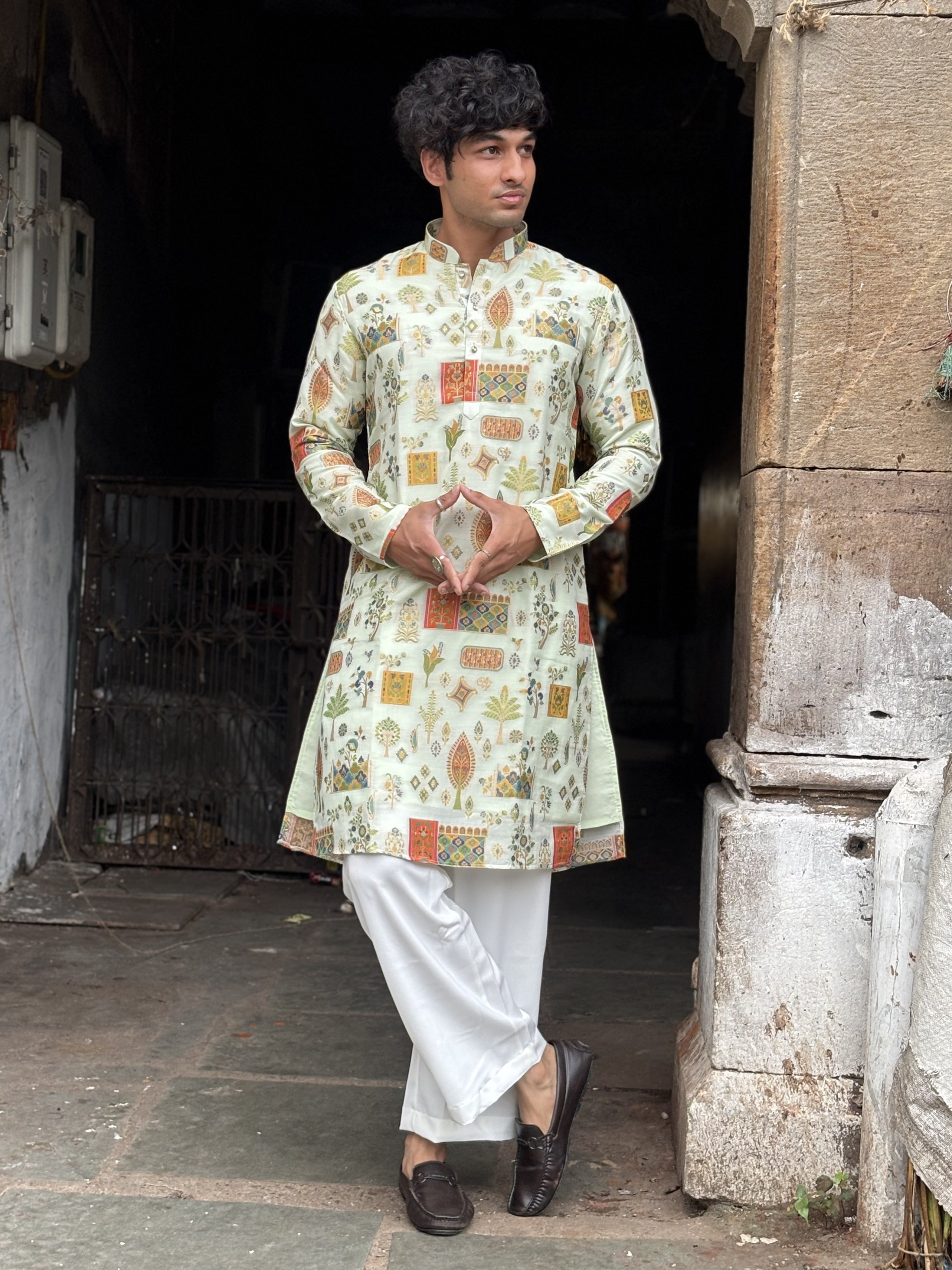 Cream Brocket Silk Kurta Set