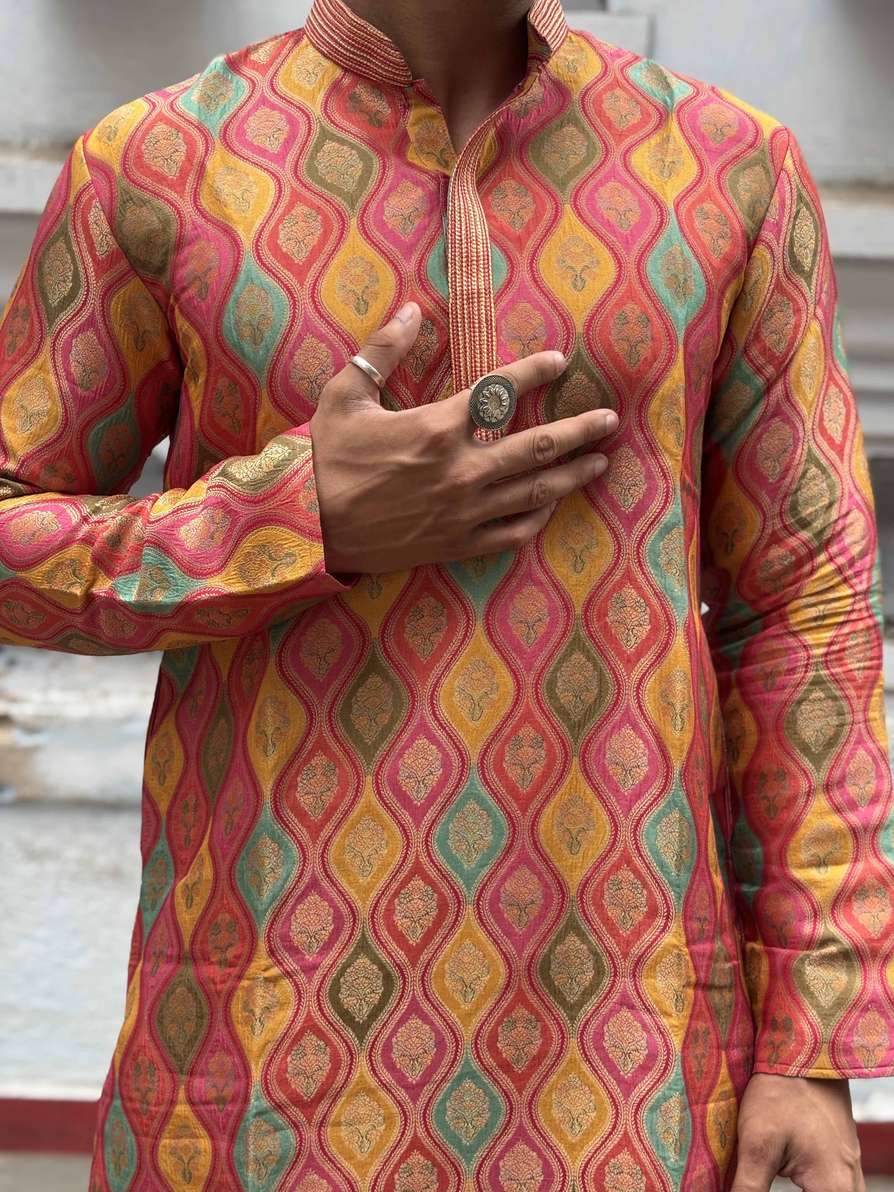Men Multi Brocket Silk Kurta Set