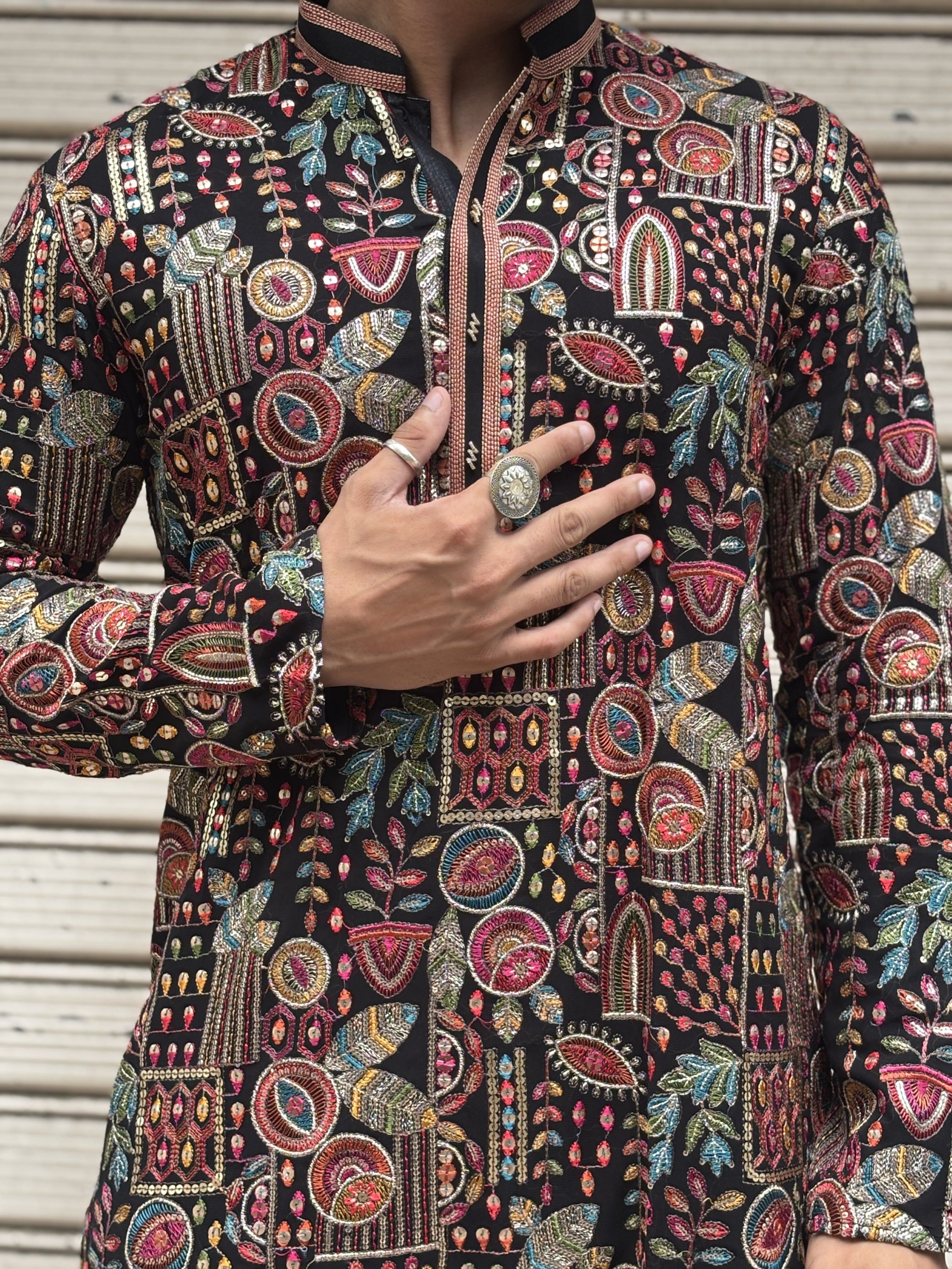 Men Black Georgette Multi Embroidered Kurta Set