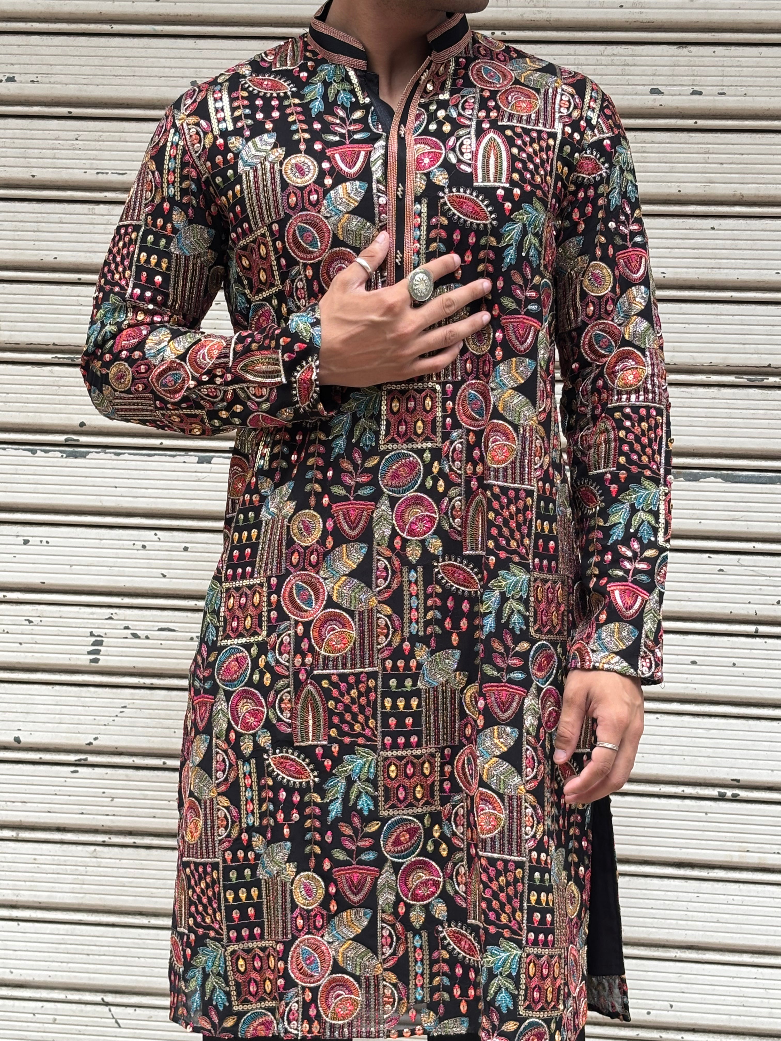 Men Black Georgette Multi Embroidered Kurta Set
