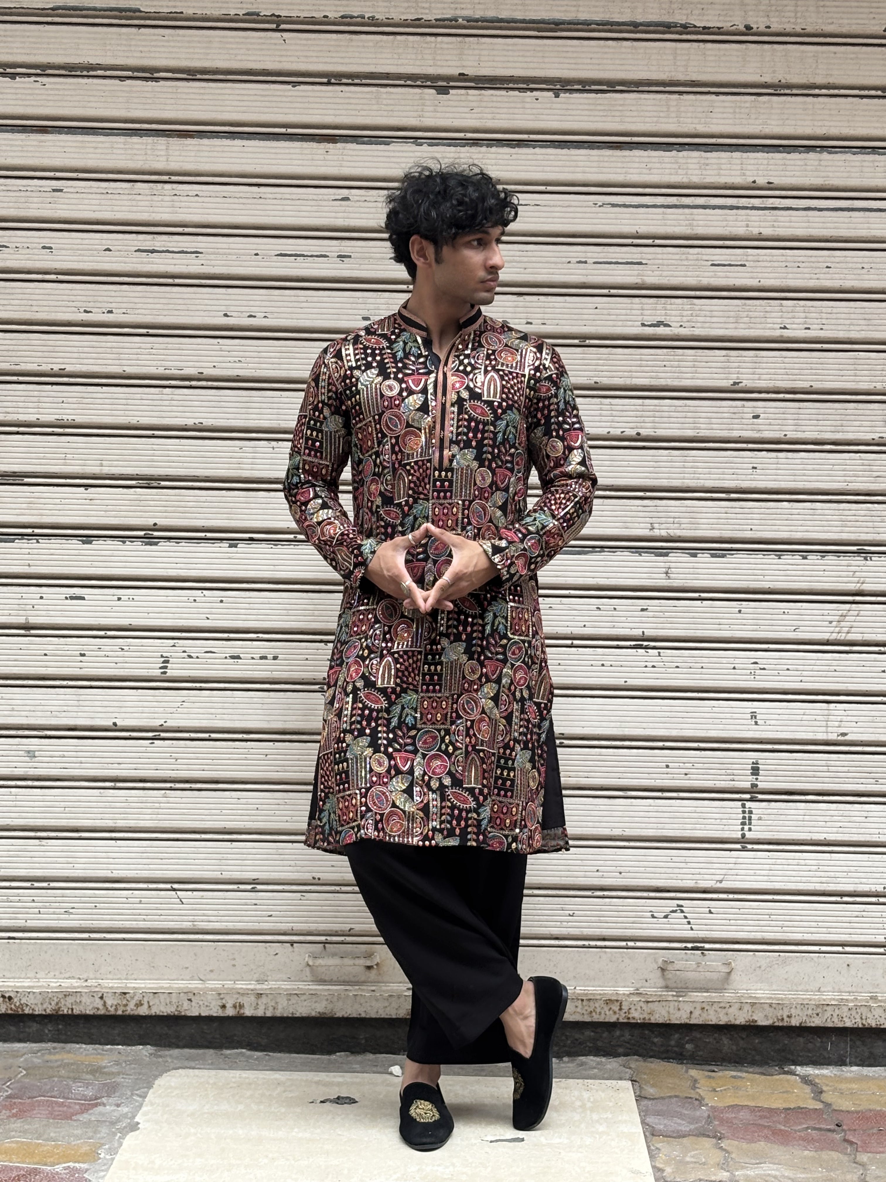 Men Black Georgette Multi Embroidered Kurta Set
