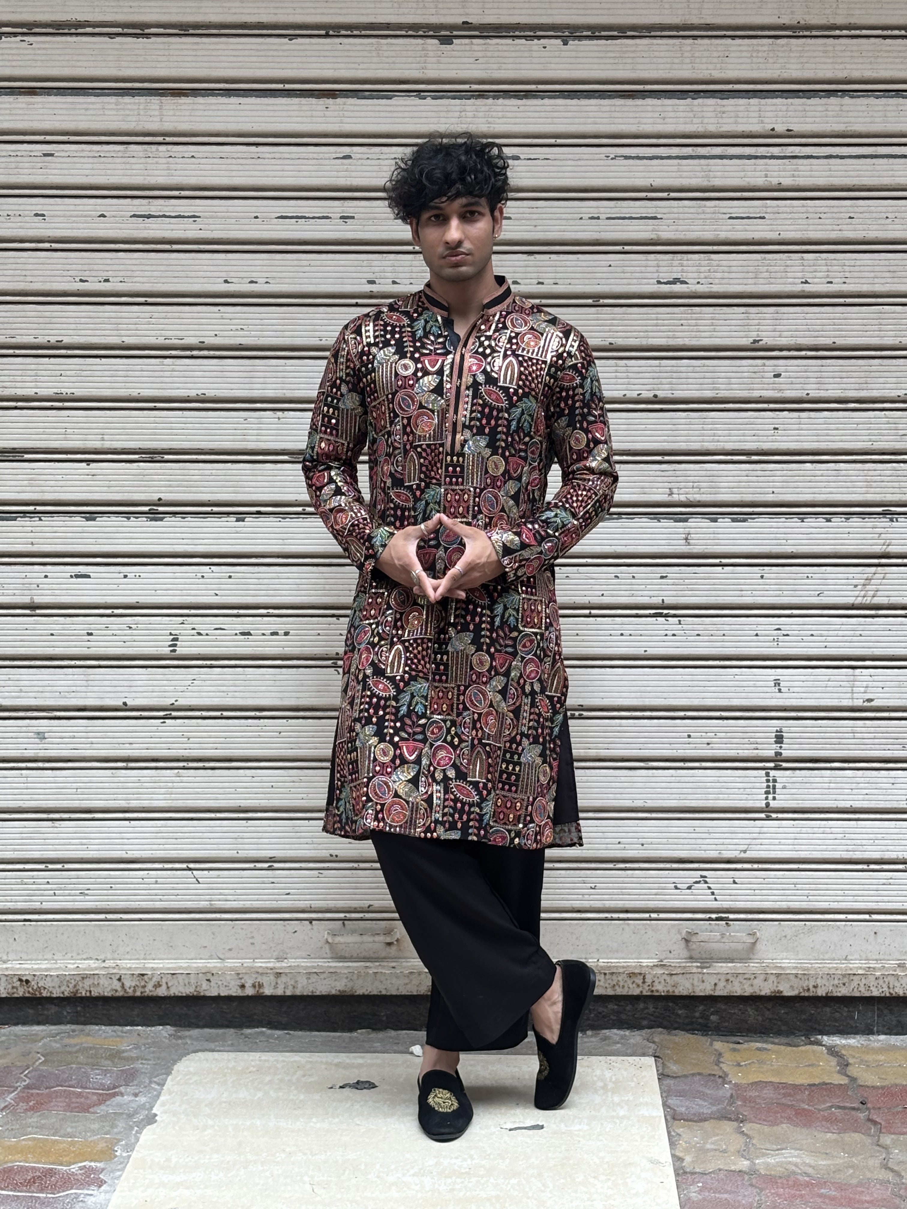 Men Black Georgette Multi Embroidered Kurta Set