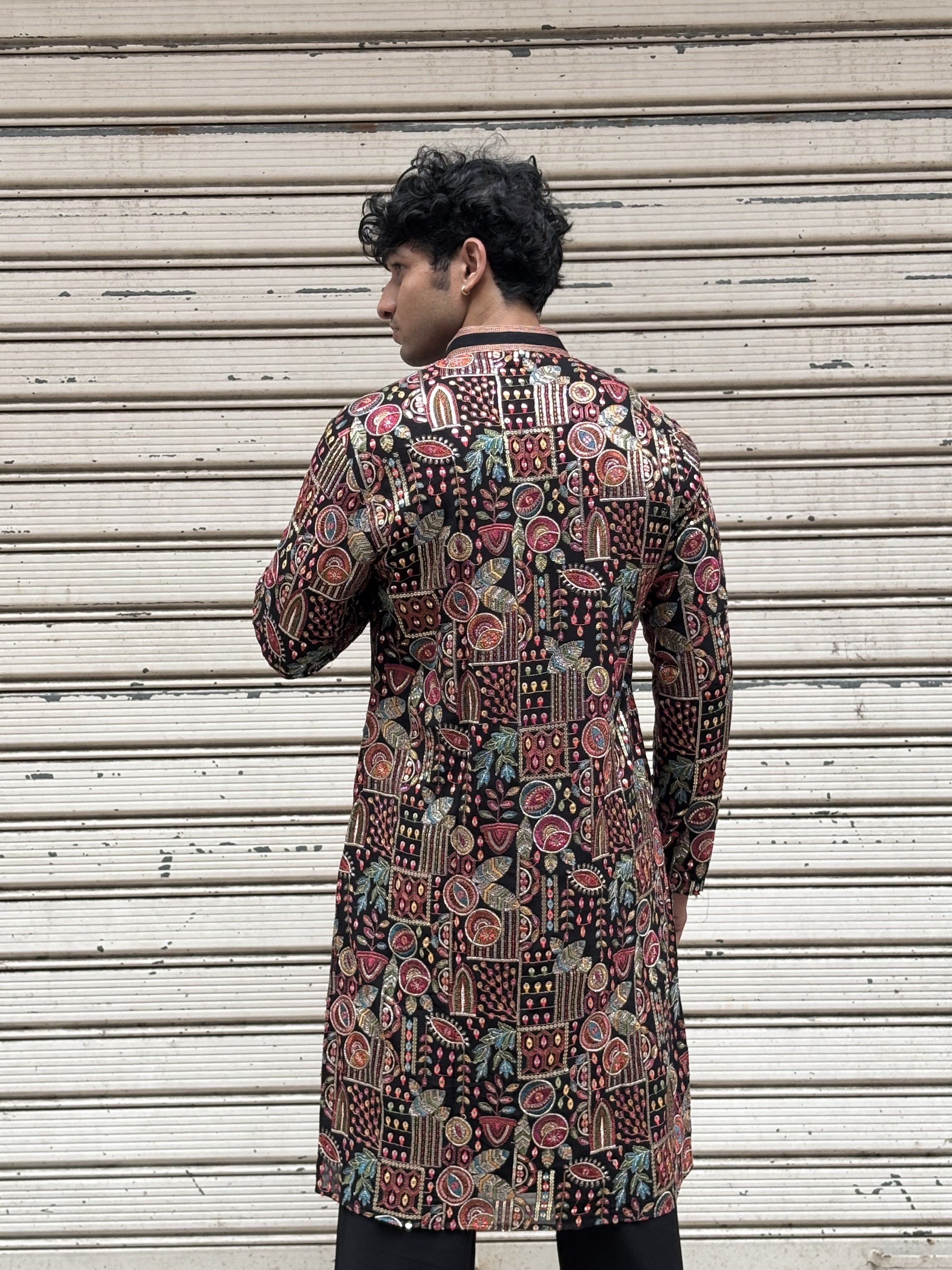 Men Black Georgette Multi Embroidered Kurta Set