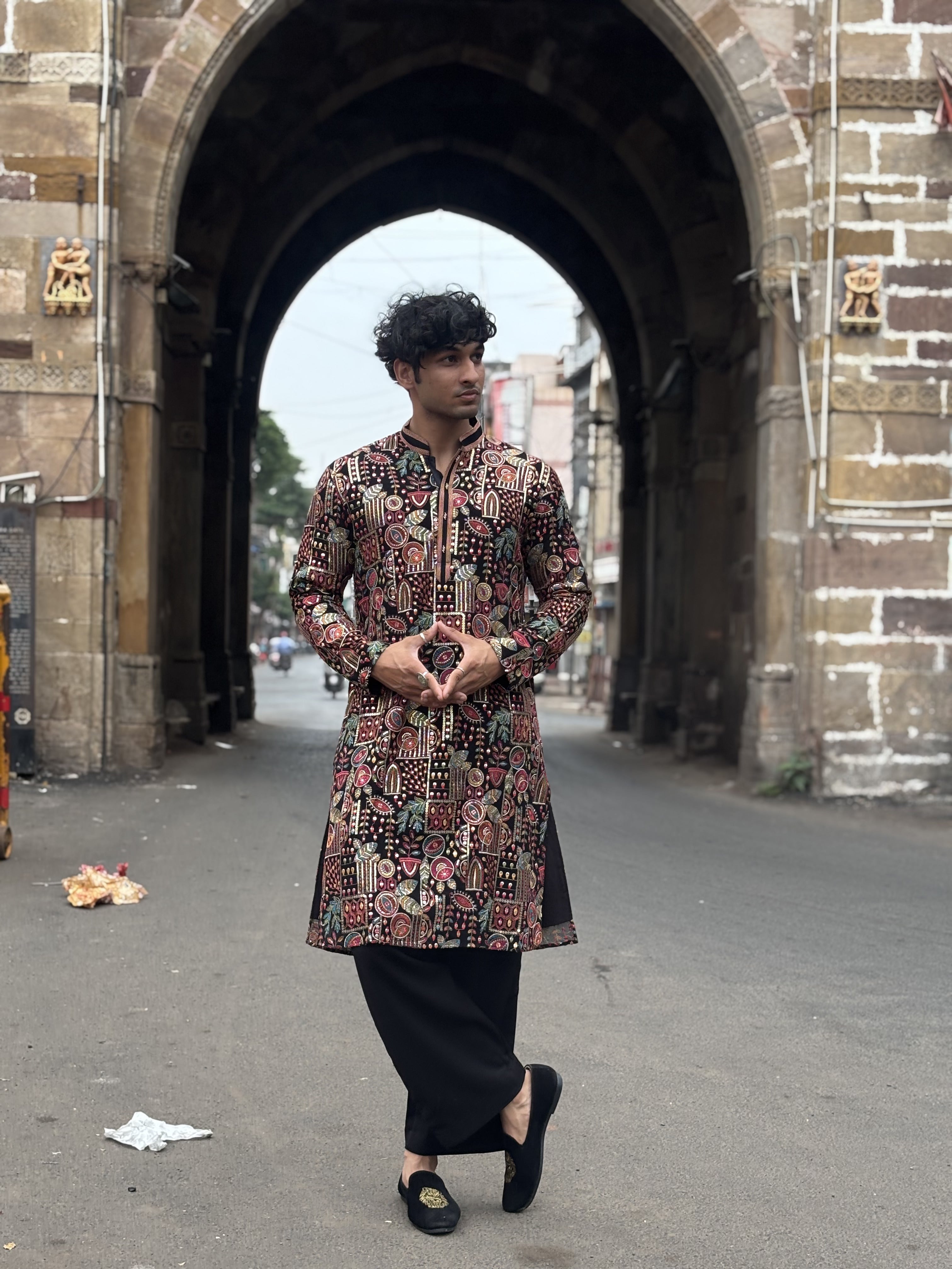 Men Black Georgette Multi Embroidered Kurta Set