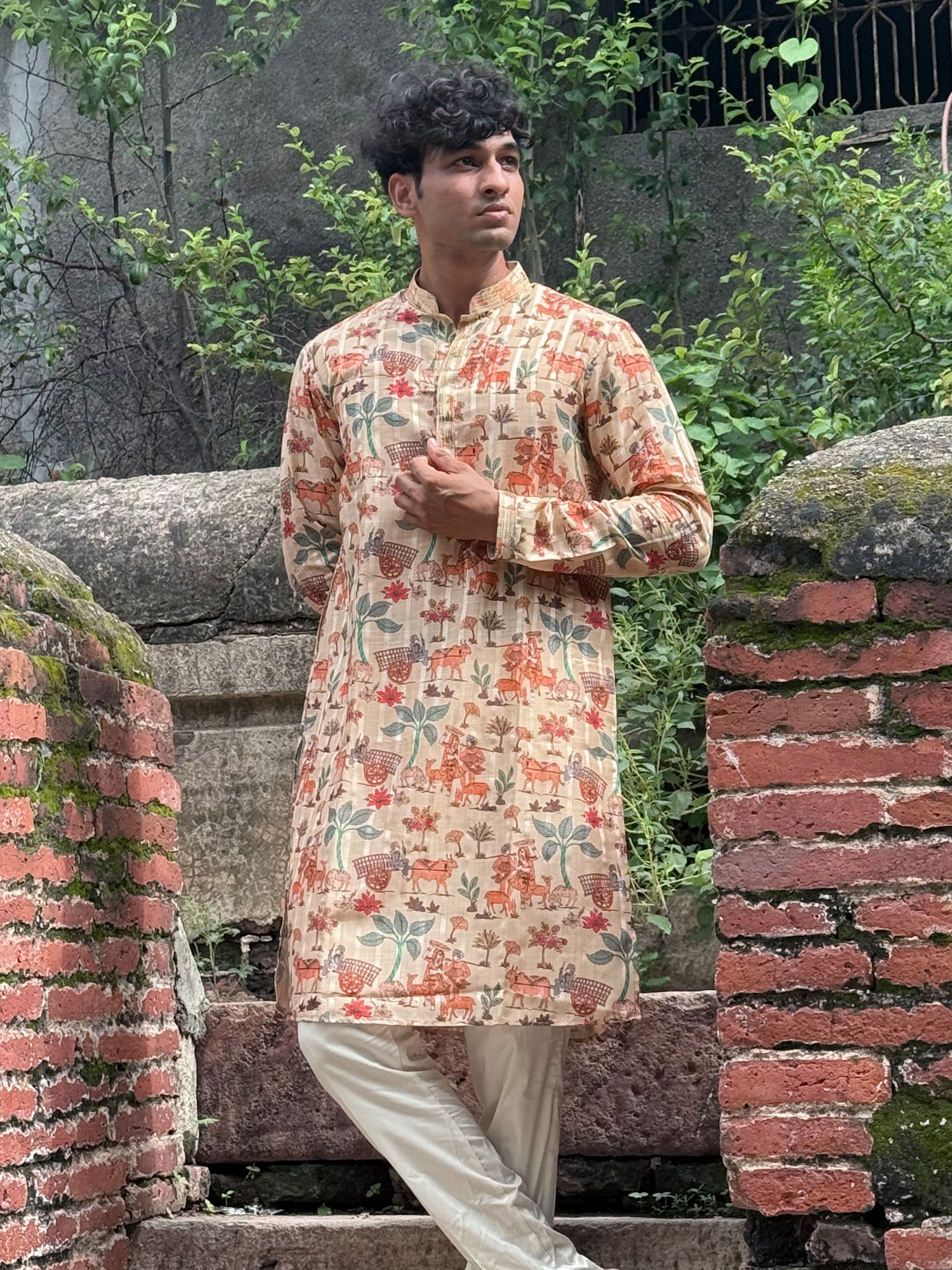 Men Beige Silk Figure Print Kurta Trouser Set