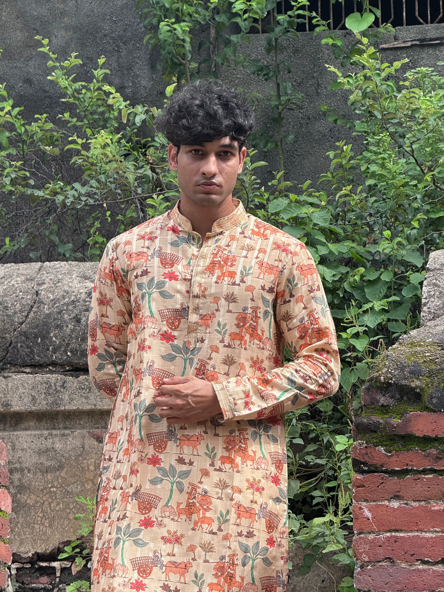 Men Beige Silk Figure Print Kurta Trouser Set