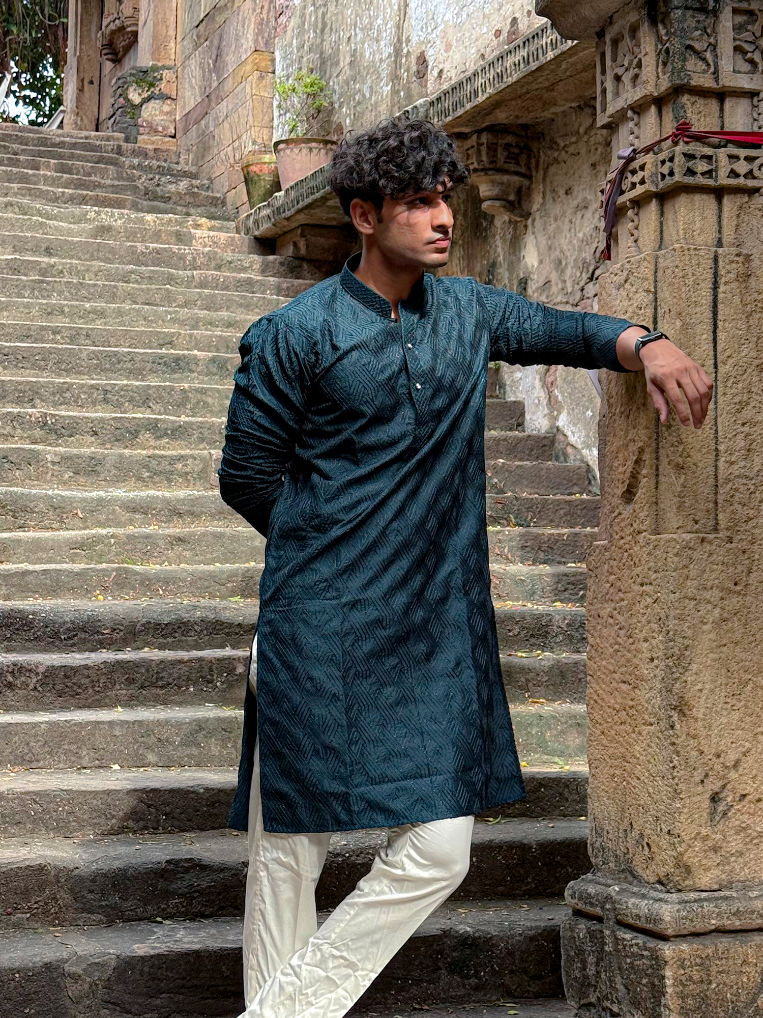 Men Teal Green Embroidered Kurta Trouser Set