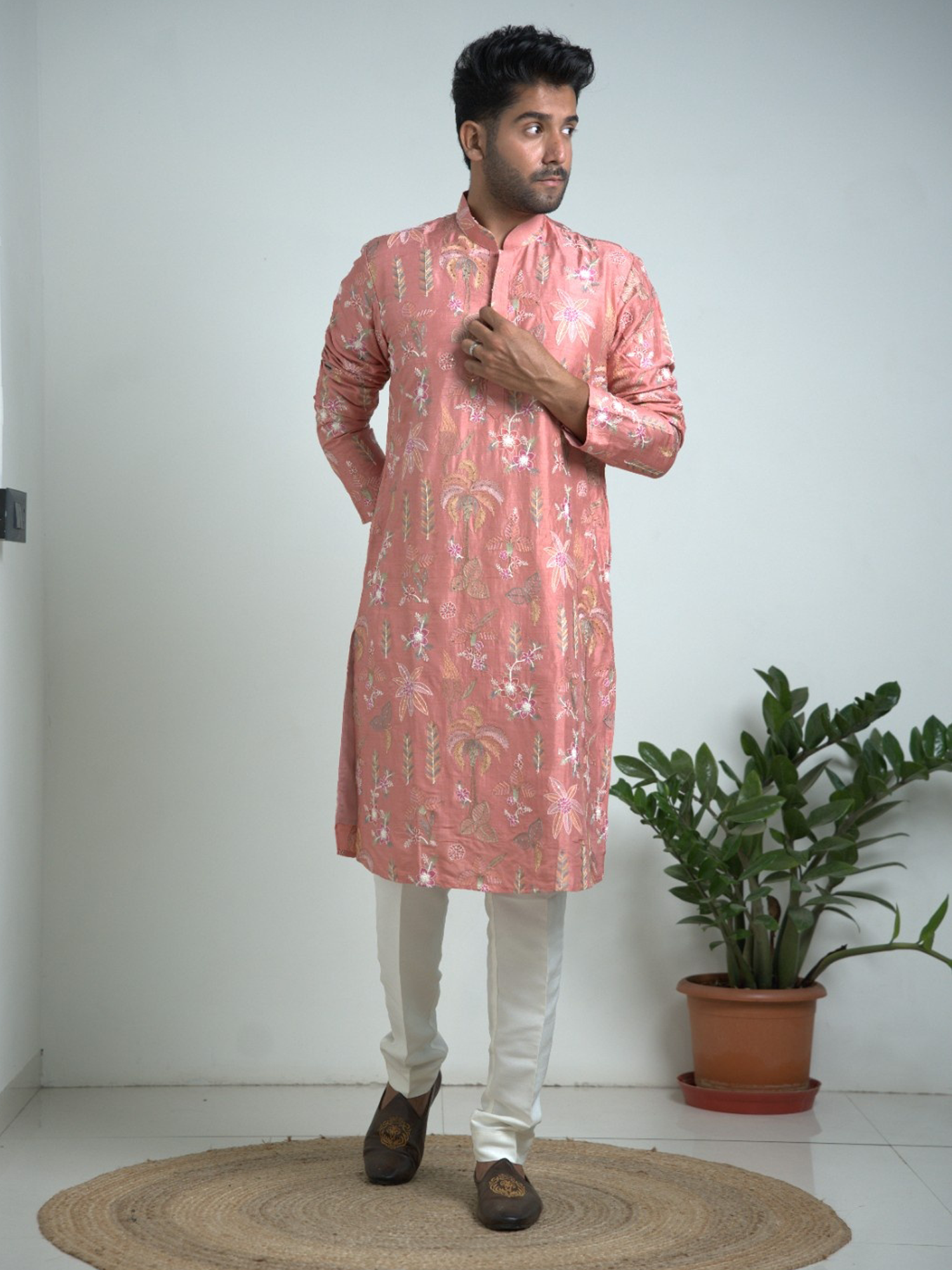 Light Peach Embroidered Tussar Silk Kurta Trouser Set.