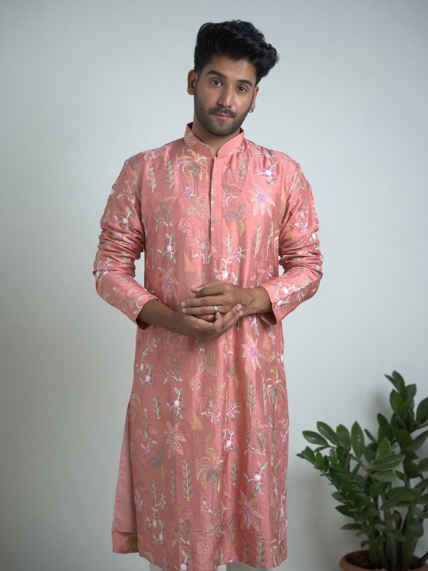 Light Peach Embroidered Tussar Silk Kurta Trouser Set.