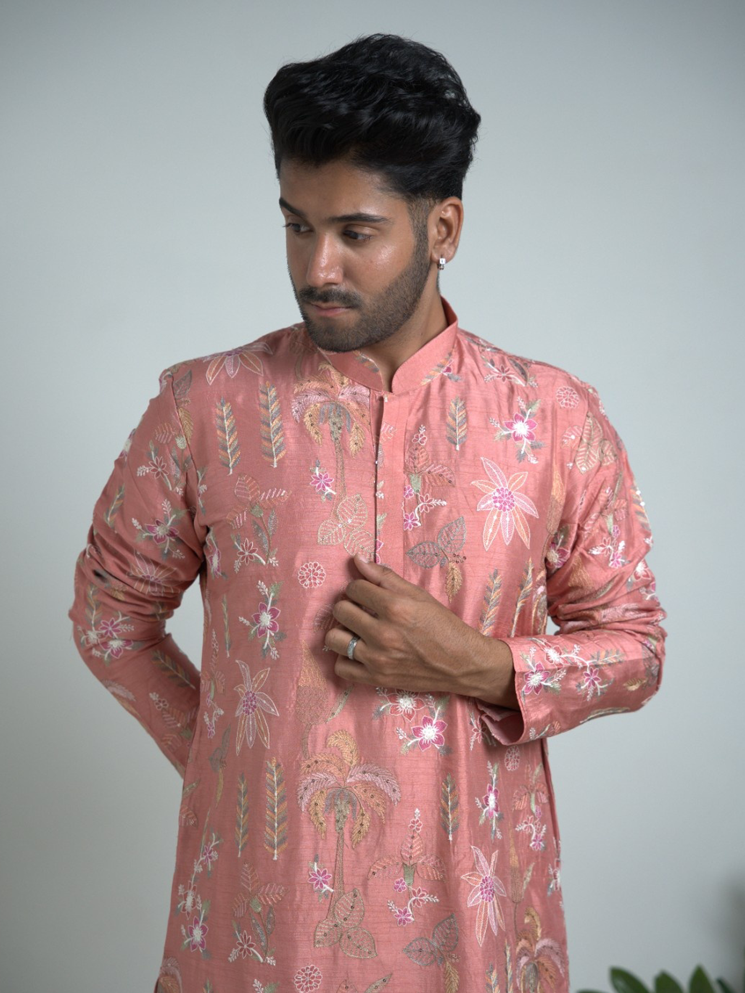 Light Peach Embroidered Tussar Silk Kurta Trouser Set.