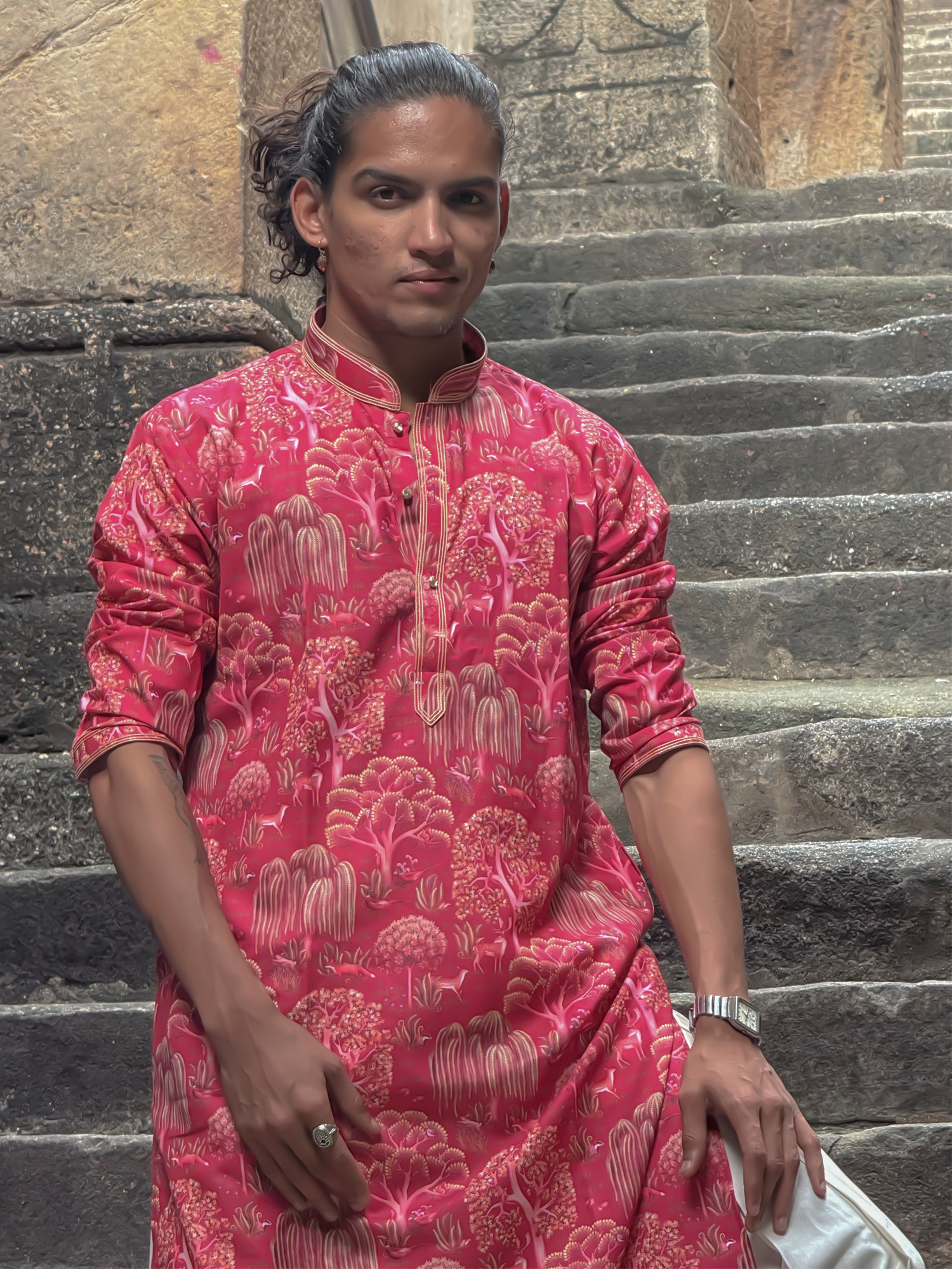 Men Pink Printed Pintex Kurta Trouser set