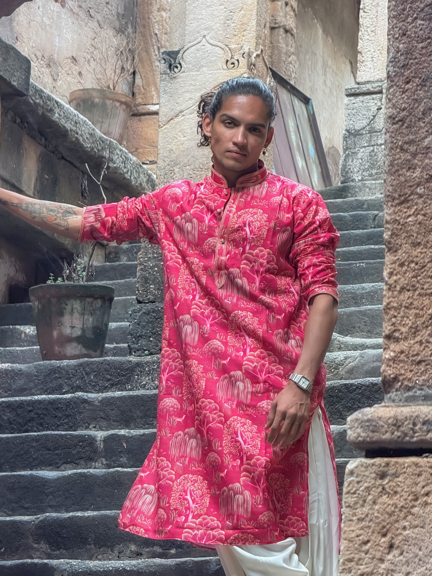 Men Pink Printed Pintex Kurta Trouser set