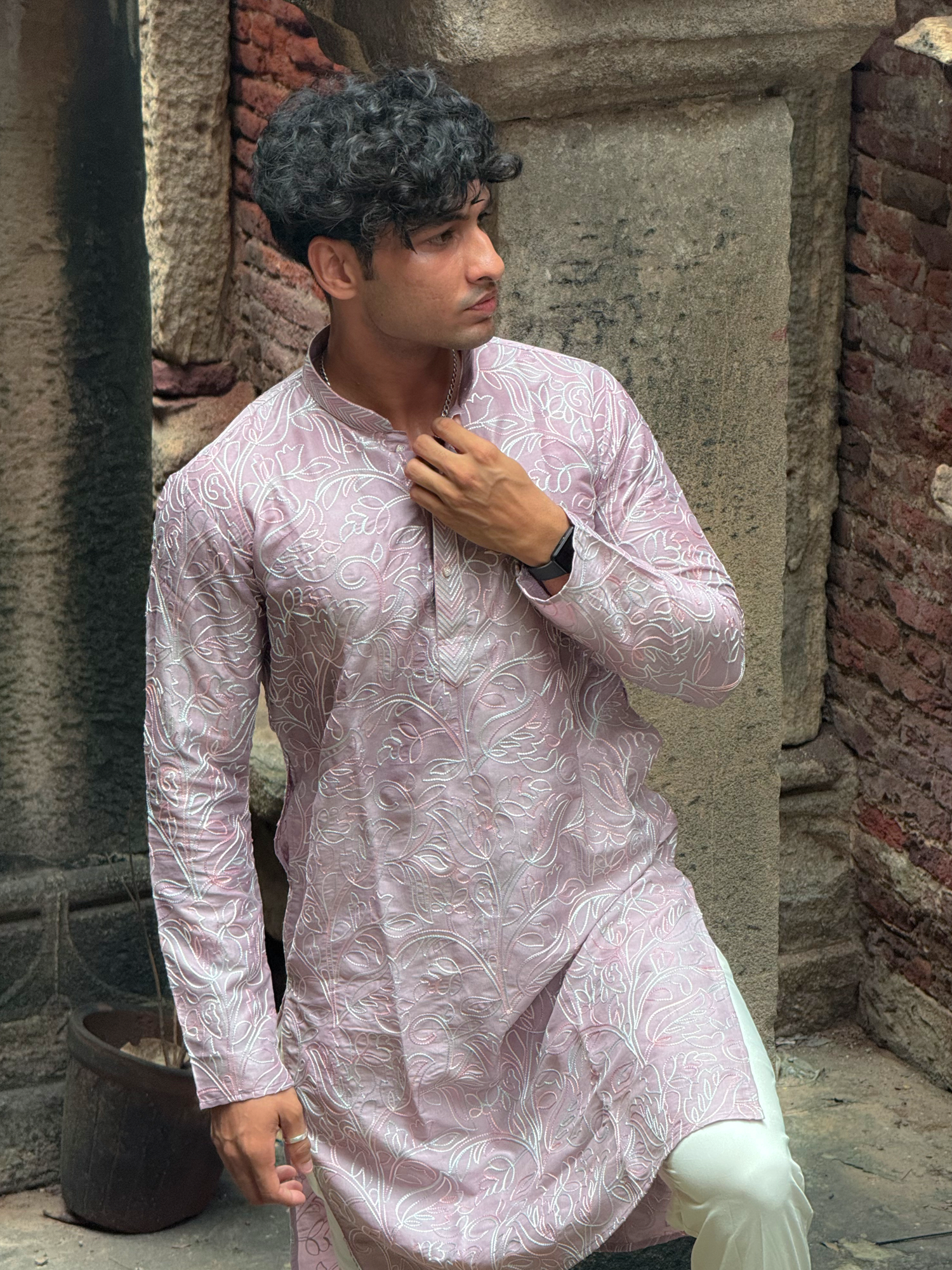 Lilac Silk Embroidered Kurta Trouser Set