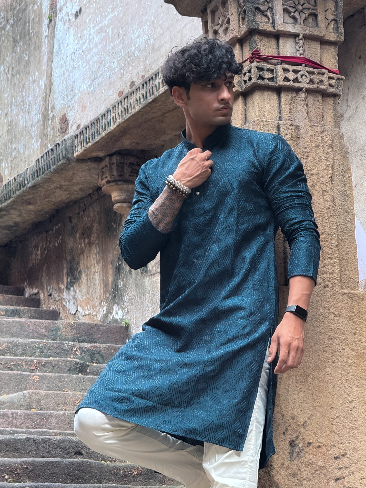 Men Teal Green Embroidered Kurta Trouser Set