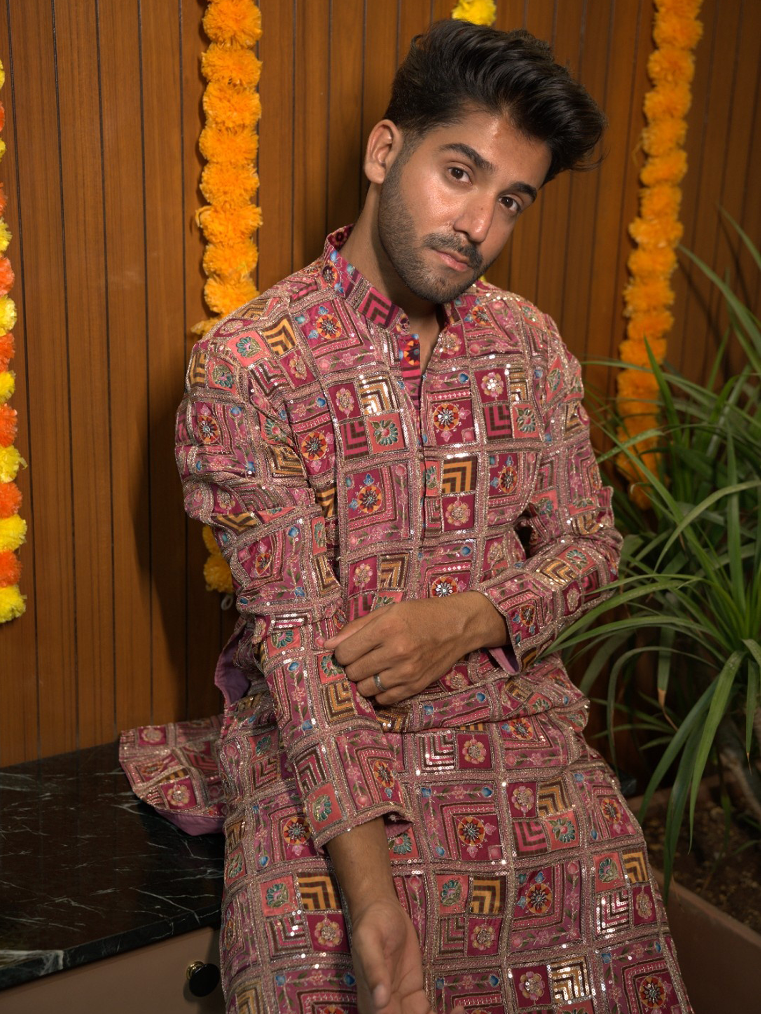 Purple Printed & Embroidered Kurta Trouser Set