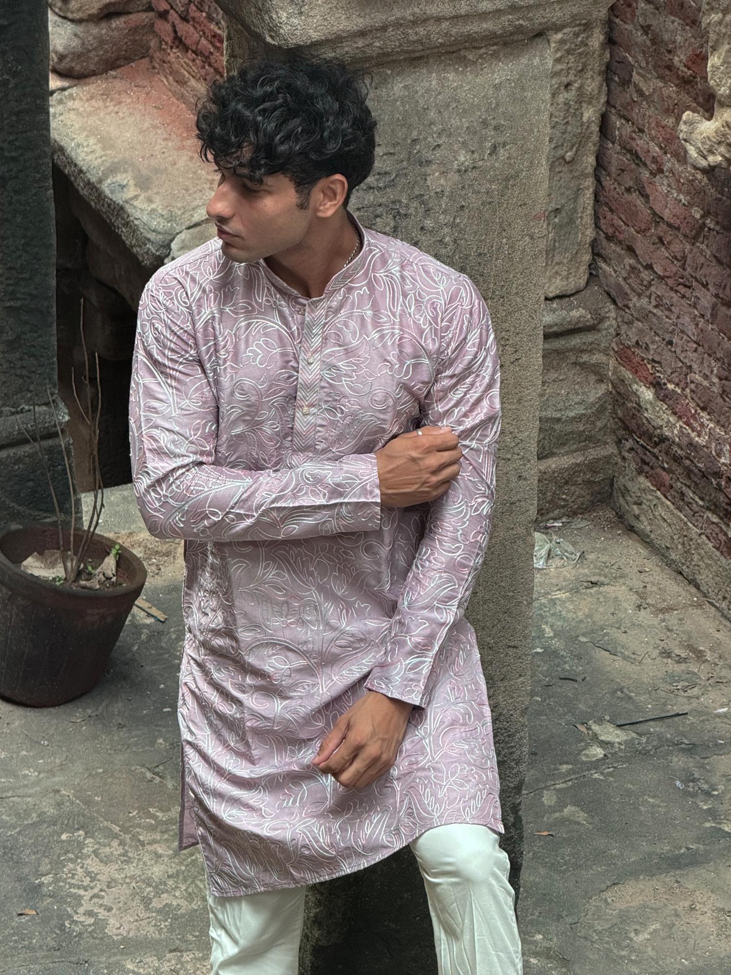 Lilac Silk Embroidered Kurta Trouser Set