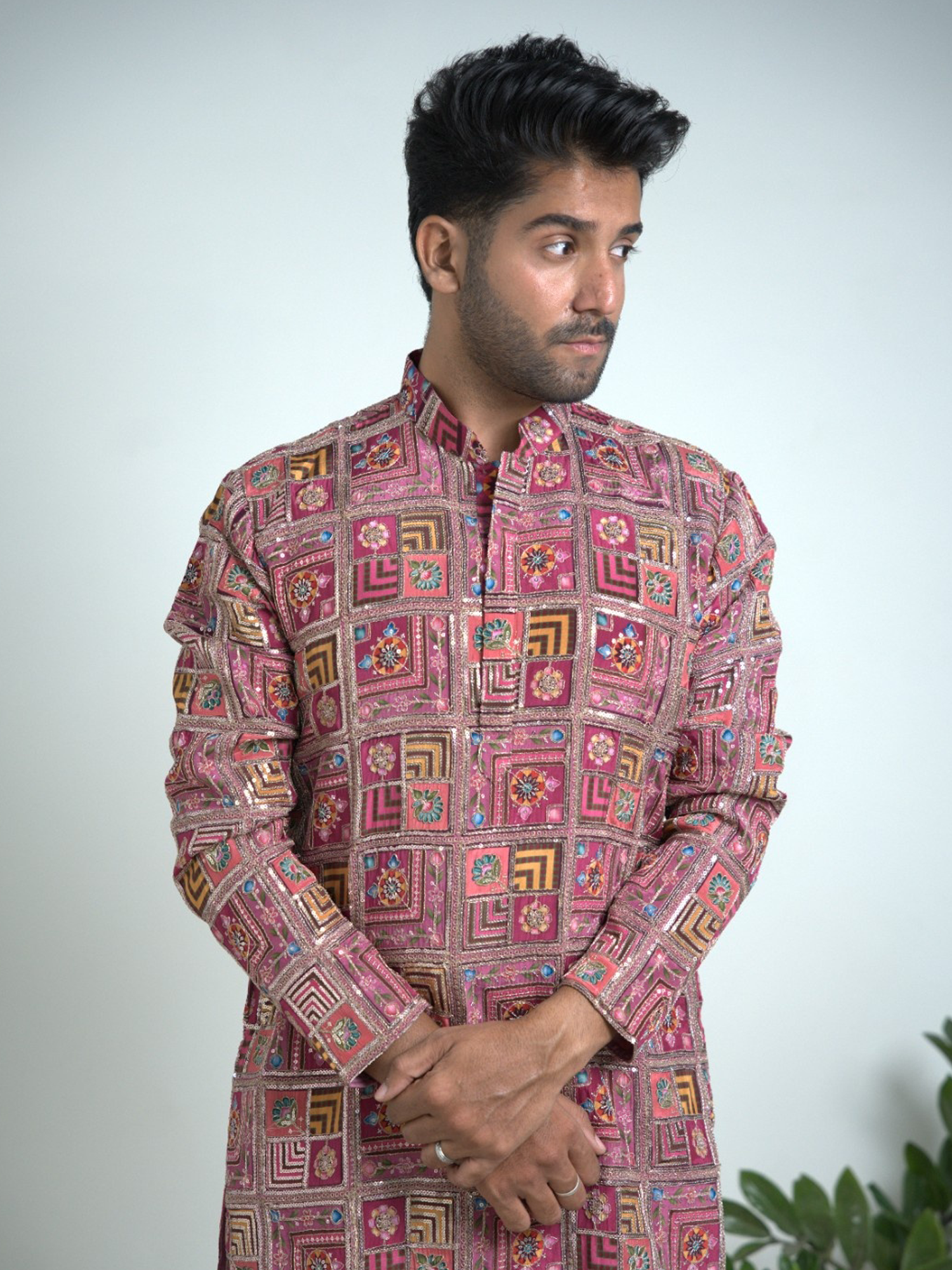 Purple Printed & Embroidered Kurta Trouser Set