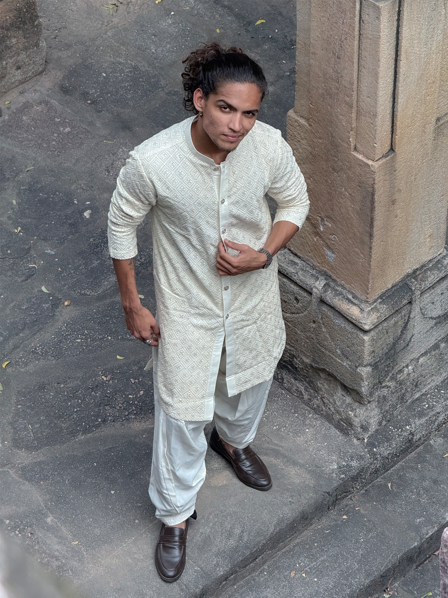 Men Off White Lucknowi Front Open Kurta With Patiala Set