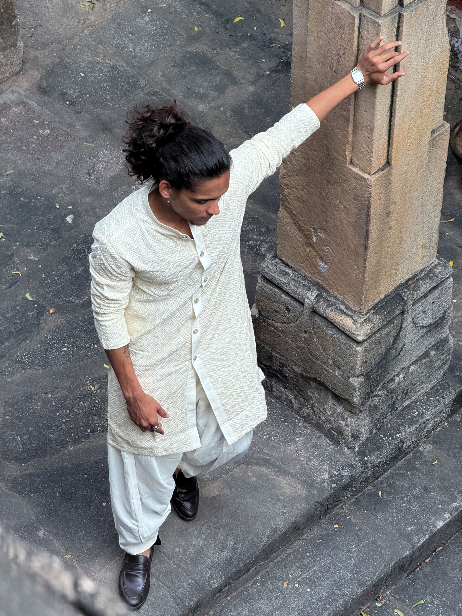 Men Off White Lucknowi Front Open Kurta With Patiala Set