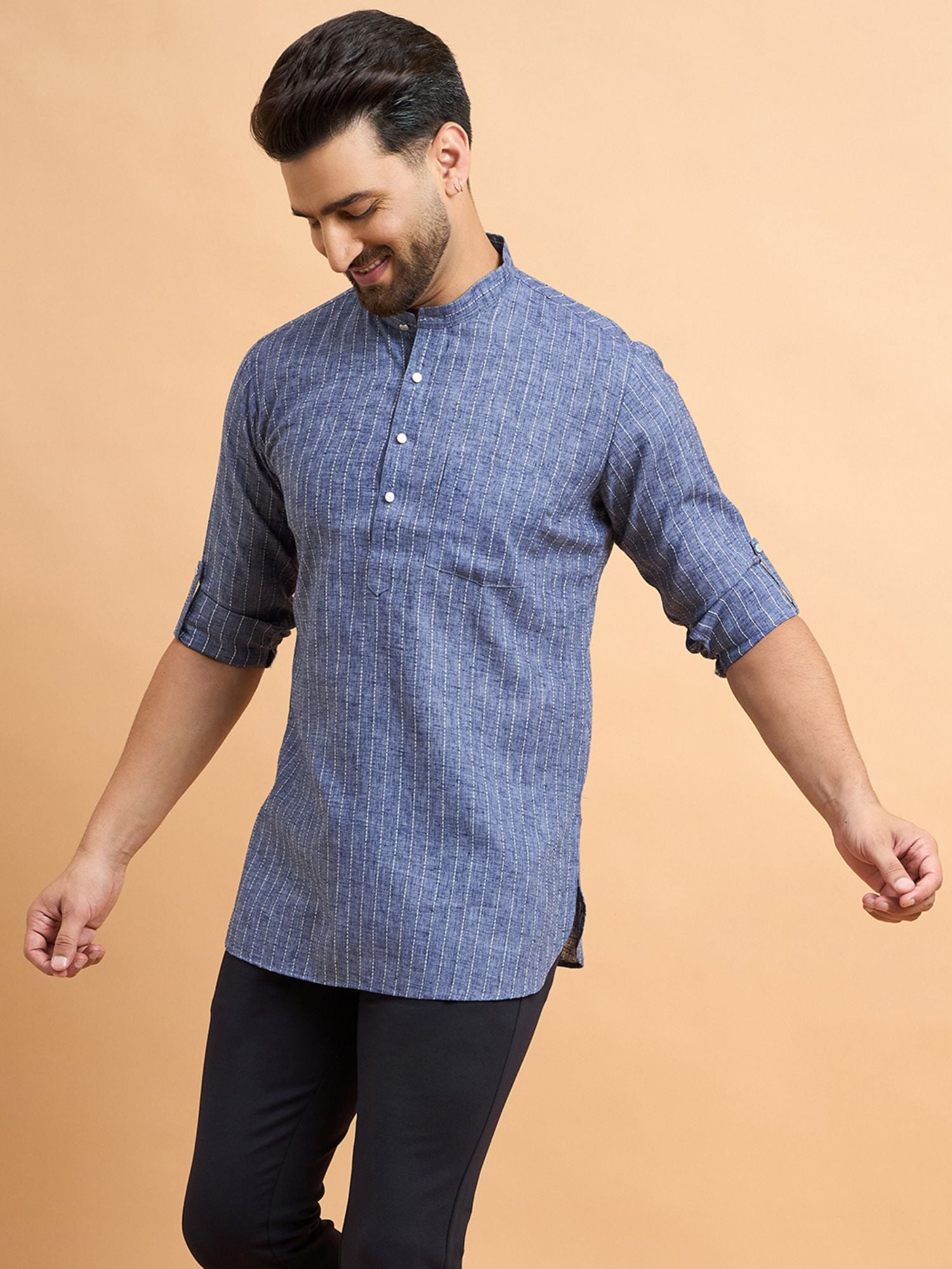 Grey Lining Cotton Linen Short Kurta Only