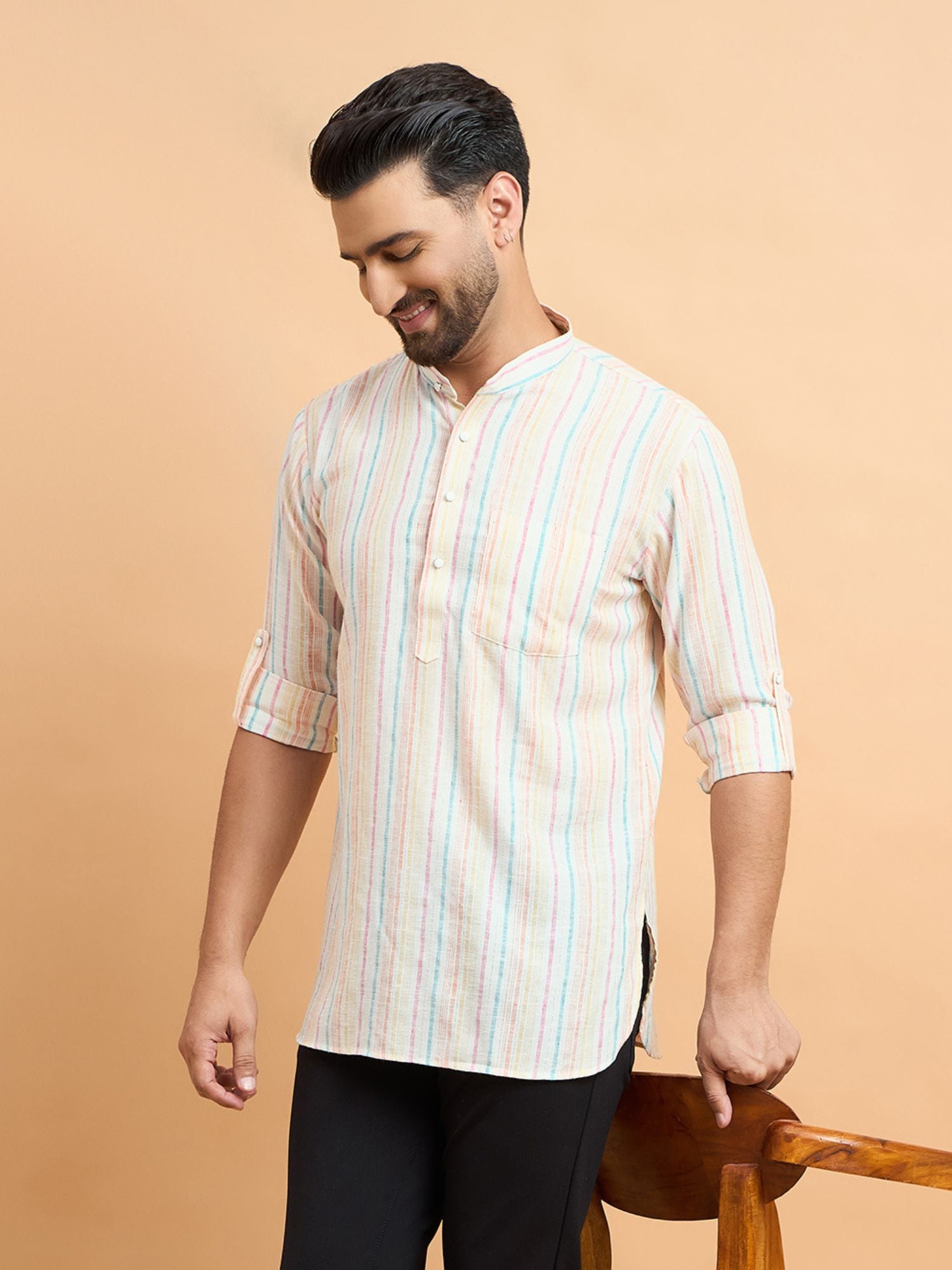 Off White Stripped Cotton Linen Short Kurta Only