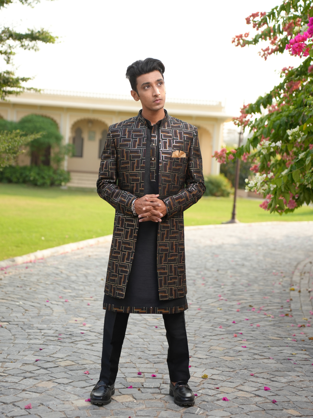 Men Black 3 Piece Open Indo Western Set