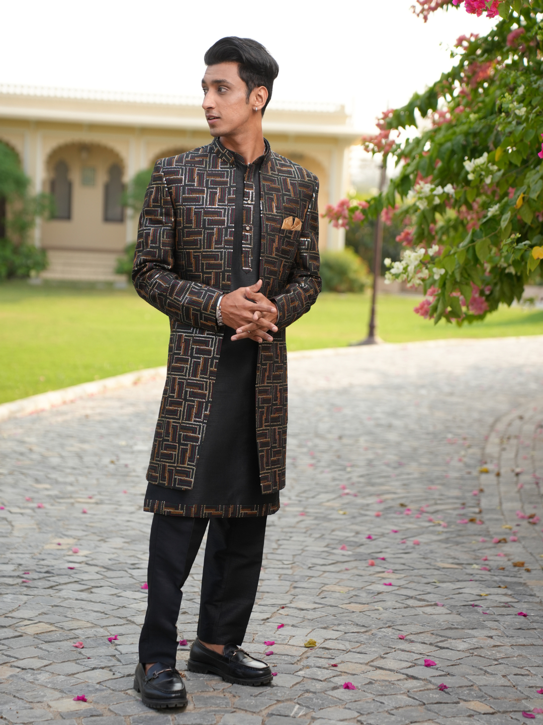 Men Black 3 Piece Open Indo Western Set