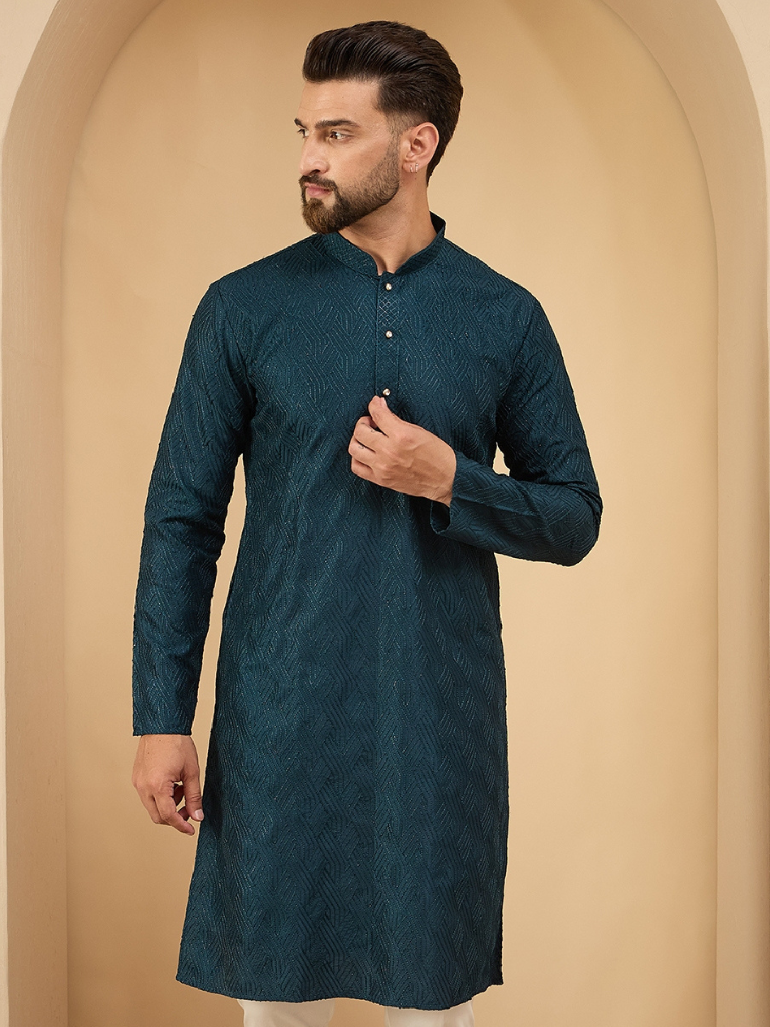 Men Teal Green Embroidered Kurta Trouser Set