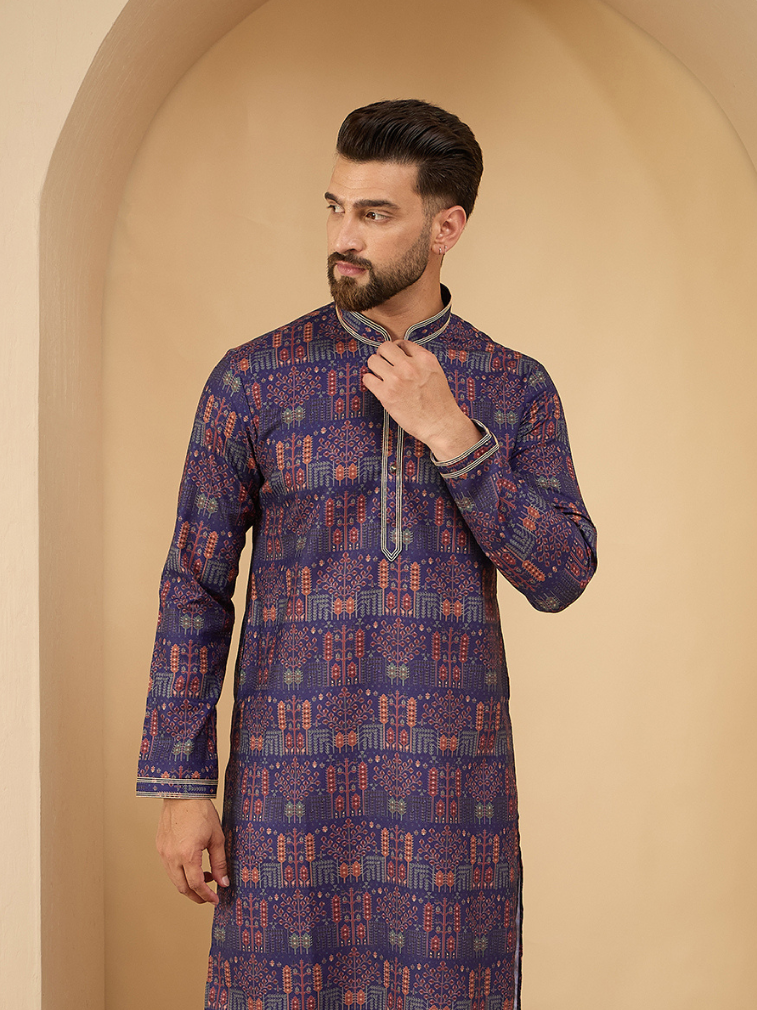 Men Blue Printed Pintex Kurta Trouser Set