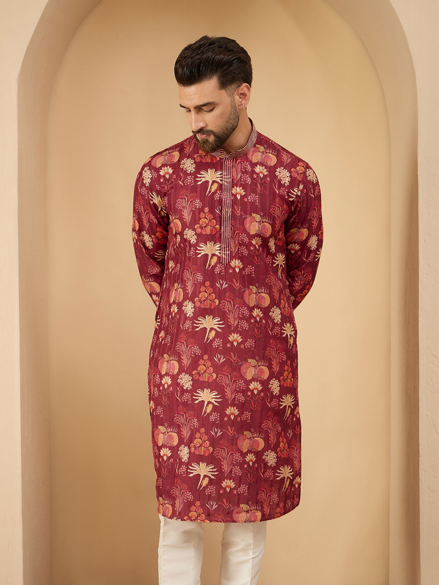 Maroon Printed Silk Kurta With Pintex Design