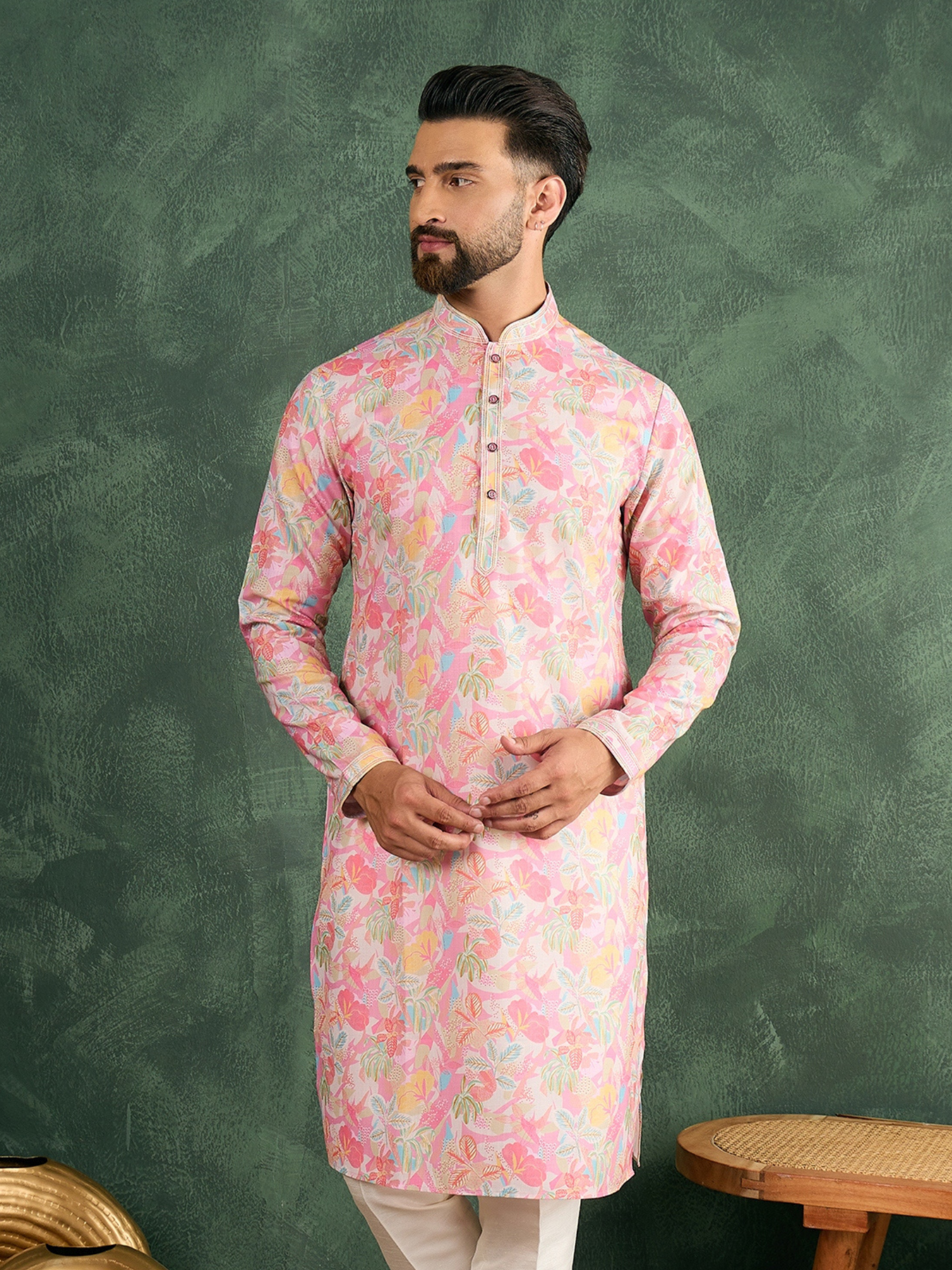 Men Floral Design Kurta Trouser Set