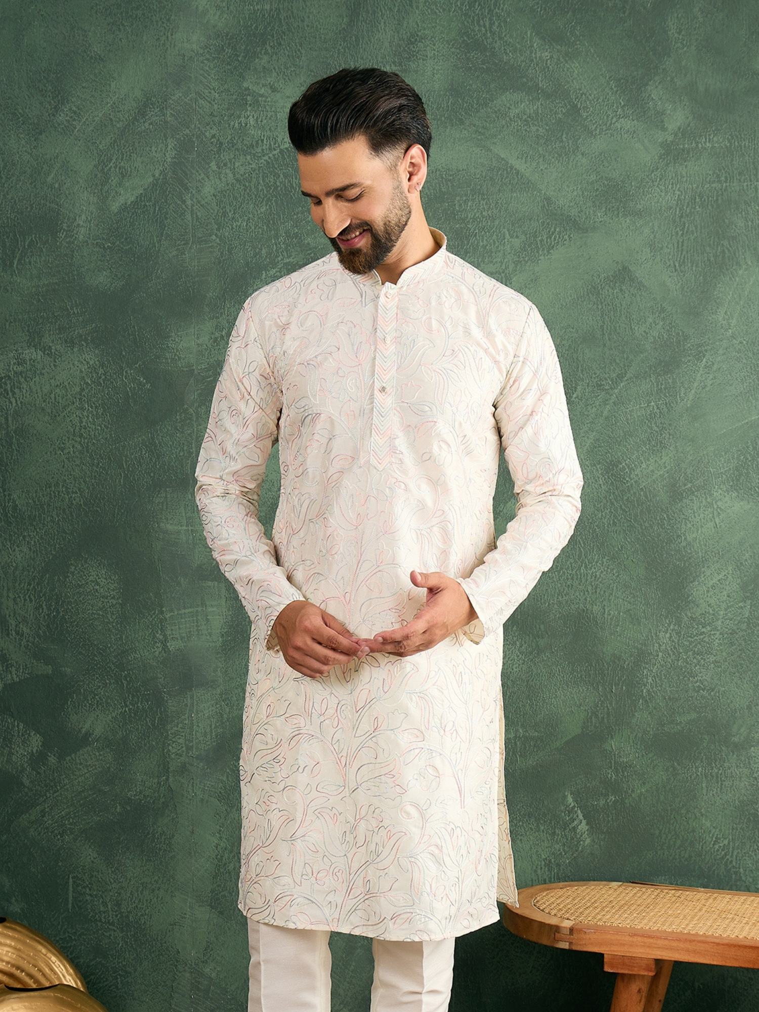 Cream Thread Embroidered Carnival Look Kurta Trouser Set