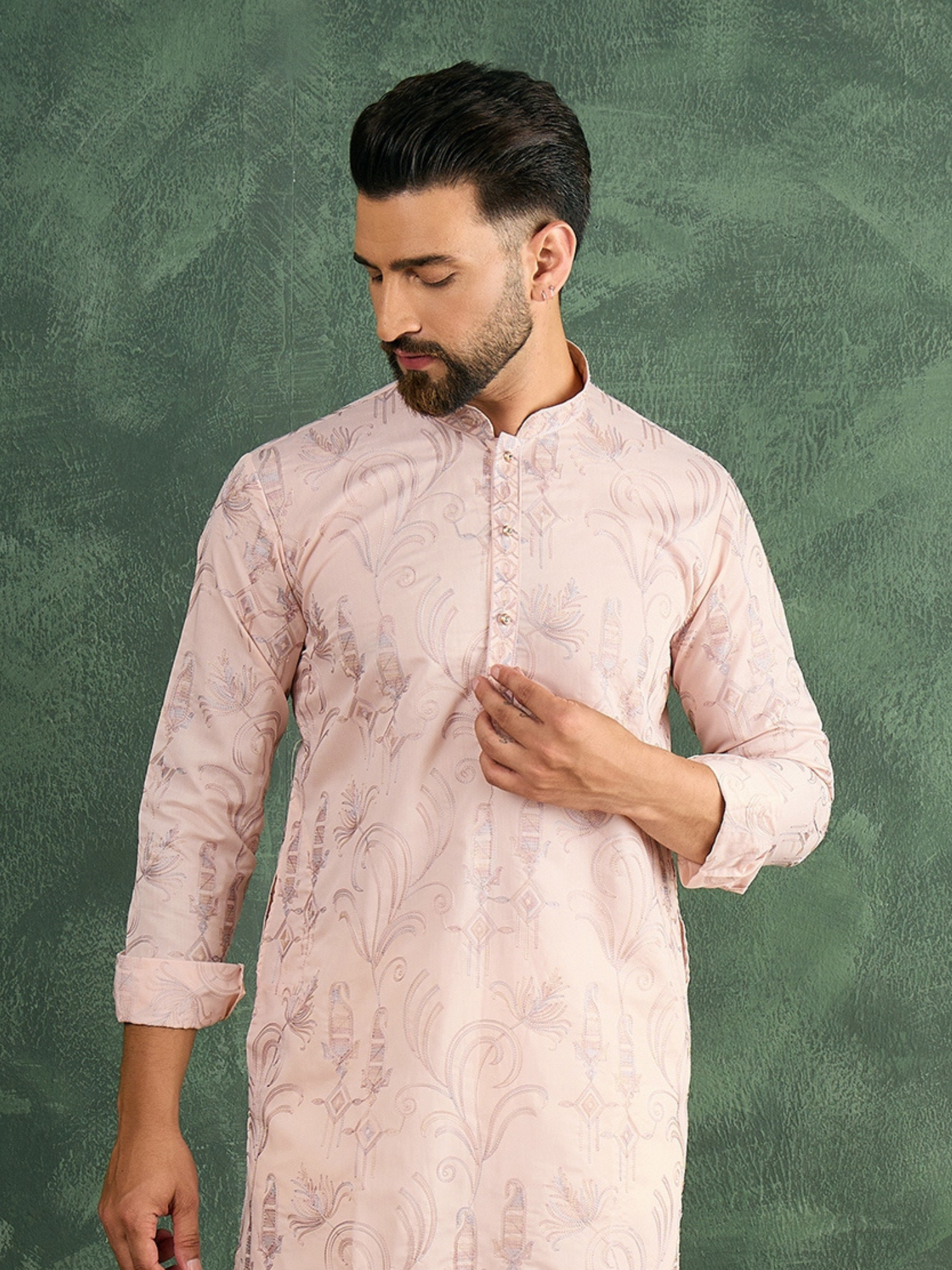 Men Pink Embroidered Carnival Look Kurta Trouser Set