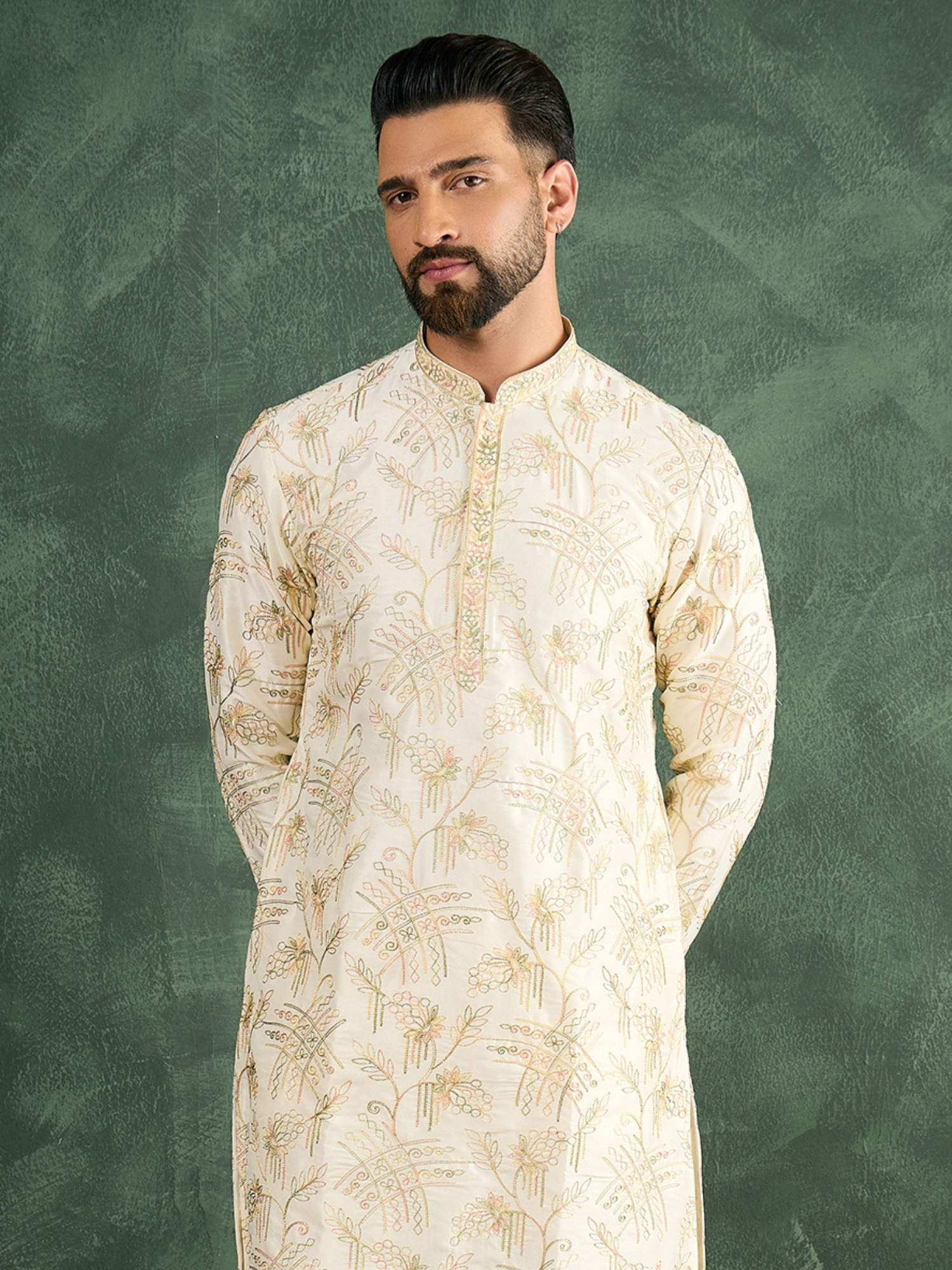 Cream Kurta Trouser Set With Multi Thread Work Haldi/Mehendi Concept